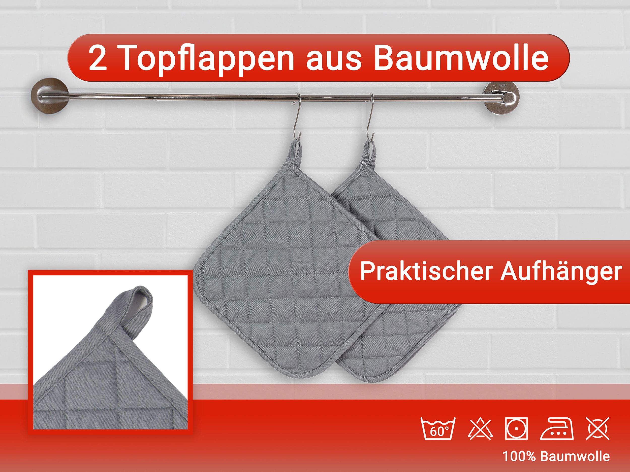 ZOLLNER Topflappen, (Set, 2-tlg), 24 x 24 cm, 100% Baumwolle, Temperaturbeständig bis 100°C