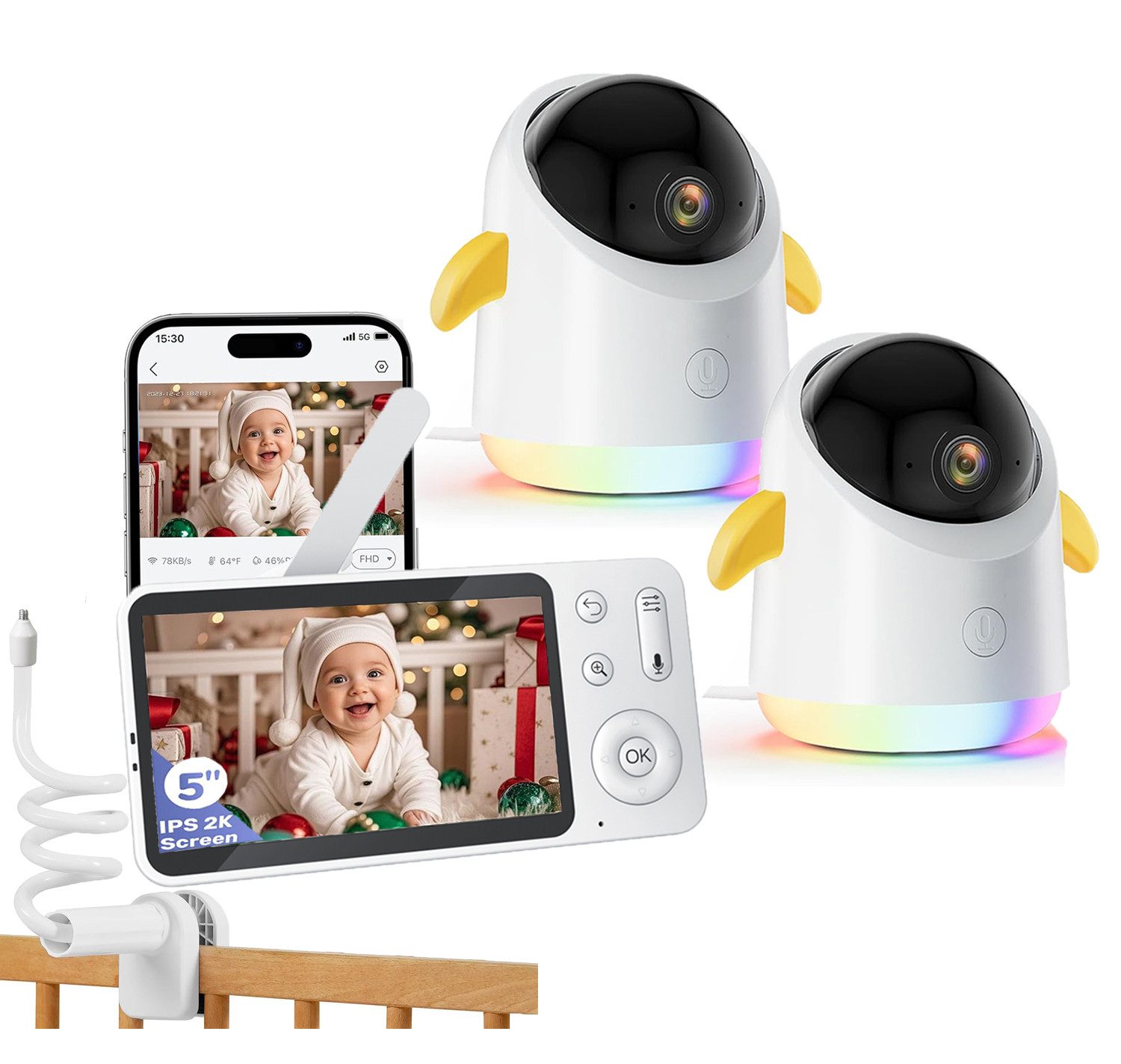 Babyphone 2K Babyphone mit 2 Kameras PTZ 360° WLAN Video Baby Monitor mit App