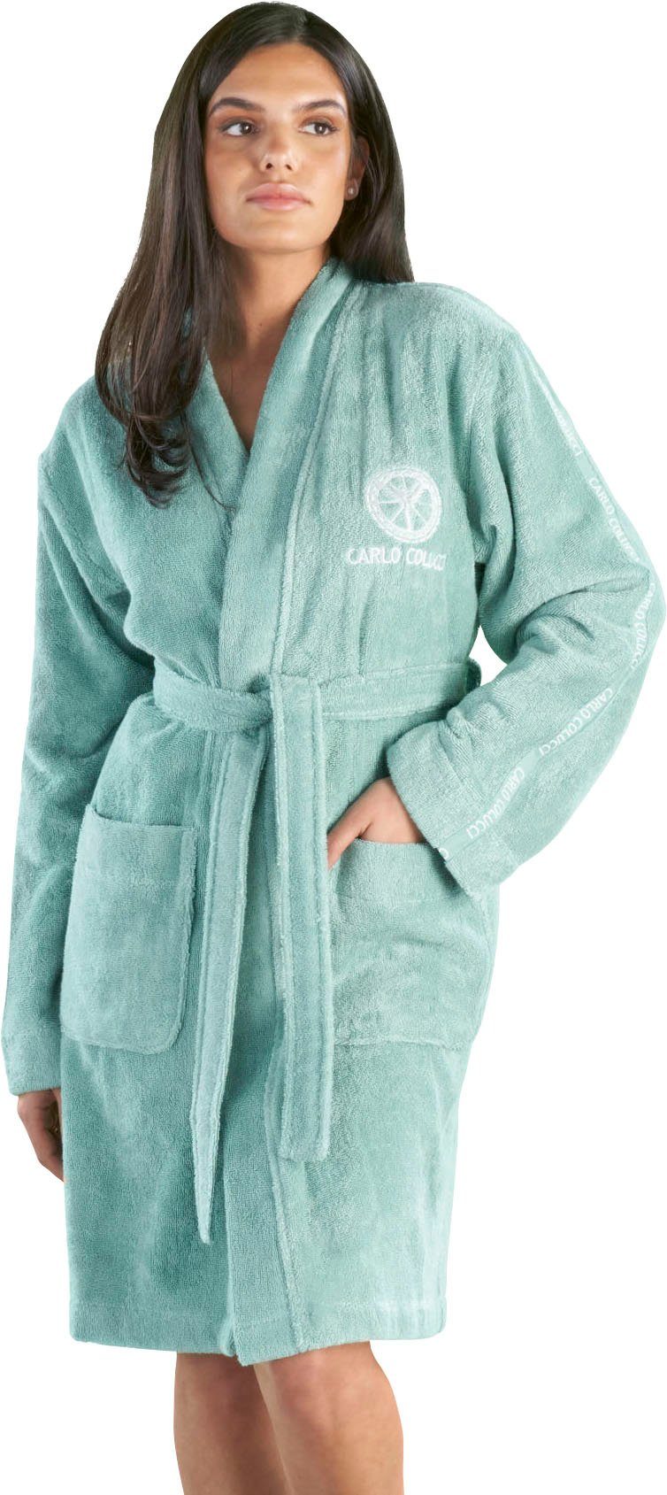 CARLO COLUCCI Damenbademantel Vito, ideal für Sauna & Spa, Hotelbademantel, Morgenmantel, Kurzform, Baumwolle, Kimono-Kragen, Gürtel, Logostickerei auf Brust, Schriftzug auf Ärmeln, Uni-Farben, Baumwolle