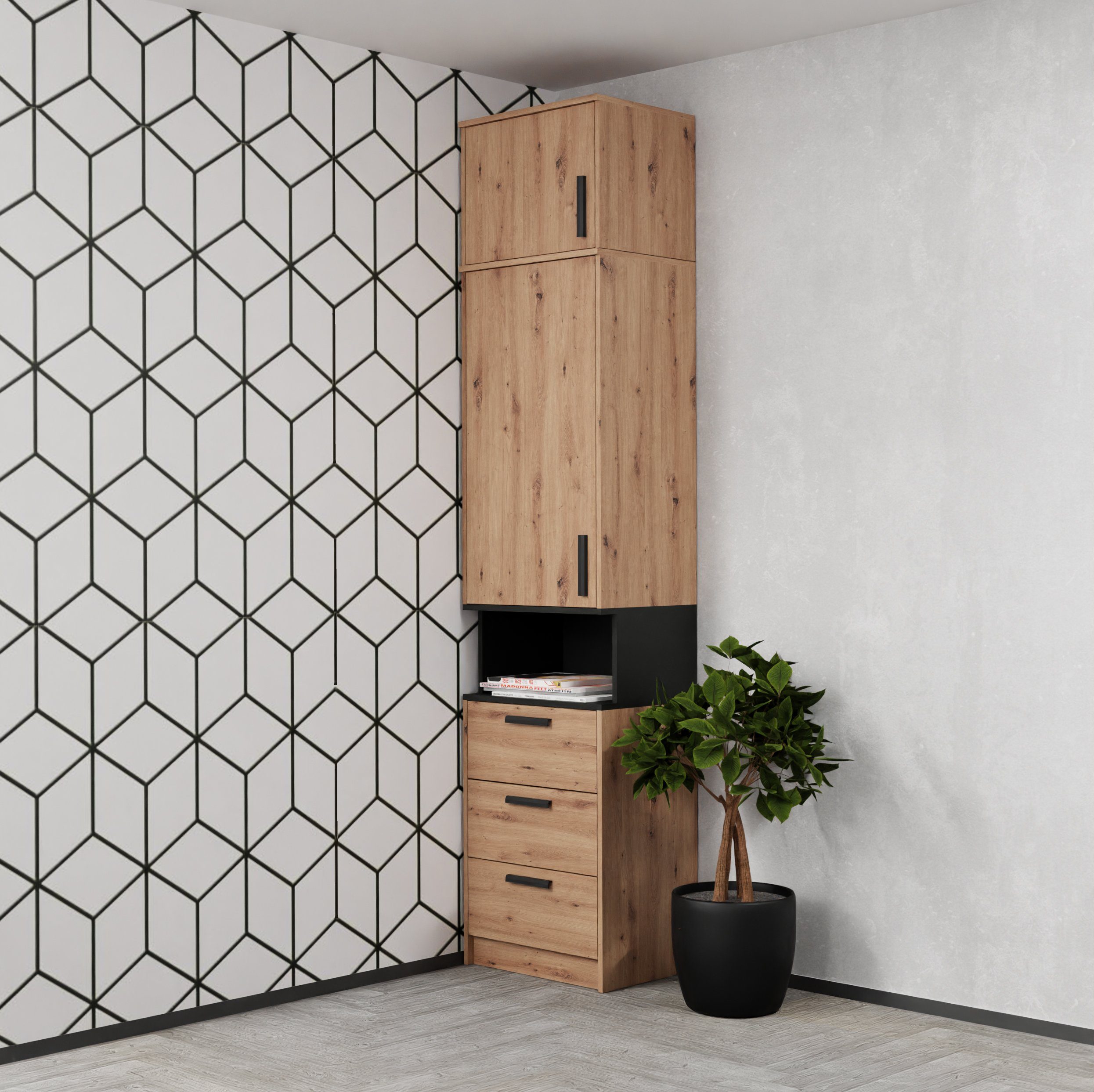 Marmex Möbel Schrank-Set Grant G14 Kinderzimmer-Set, Jugendzimmer-Set, (6-St., 2 Regale, Eckschrank, drei Schrankverlängerungen), Soft-Close-Türen, Vollauszug der Schubladen