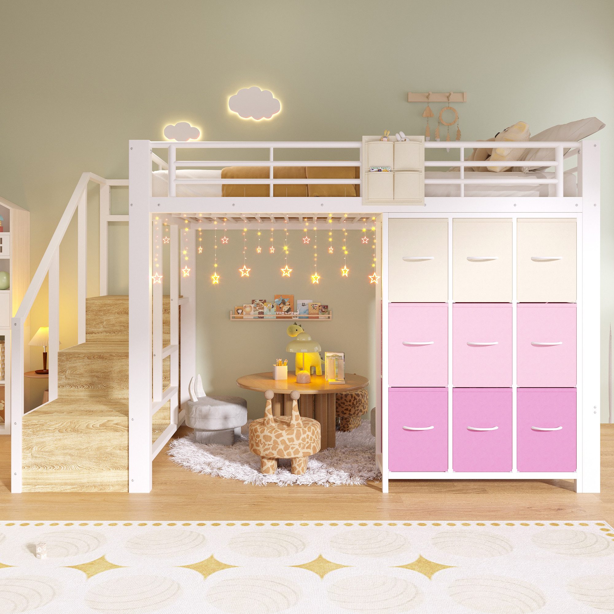 Flieks Hochbett Metallbett Kinderbett 140×200cm mit Kommode und Stauraumtreppe