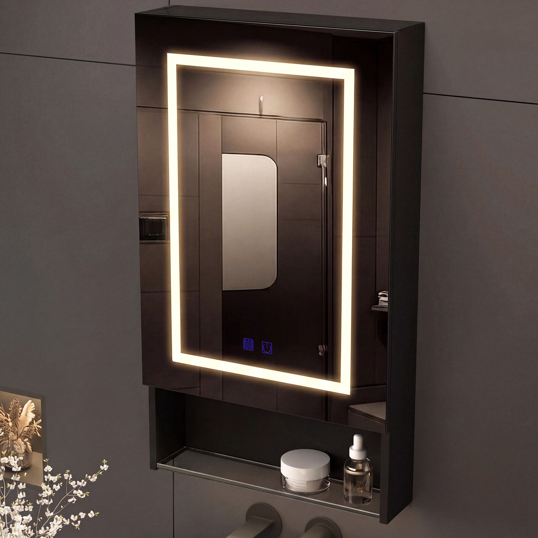 Gdood Badezimmerspiegelschrank Spiegelschrank LED Hängeschrank Wandschrank (1-St., Einstellung der warmen und kalten Farbtemperatur 3000/4500/6400K) inkl. LED-Beleuchtung, Touchschalter, Beschlagfrei, Offene Staufächer