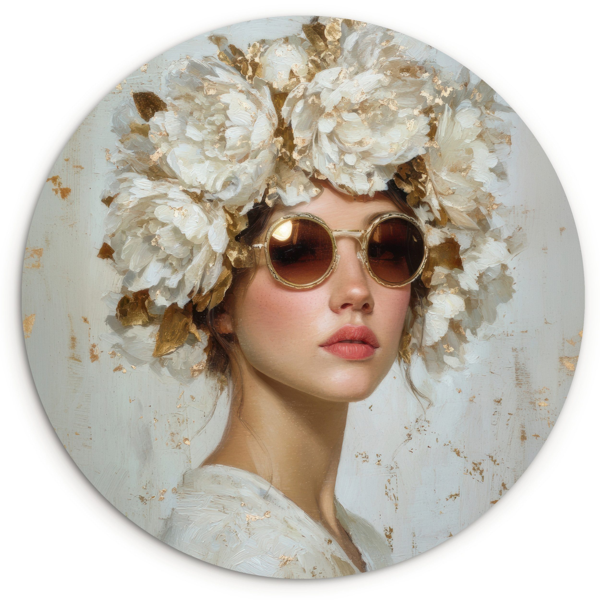 MuchoWow Gemälde Kunstdrucke - Frau - Sonnenbrille - Blumenkranz, Fotodruck (1 St), Kreis Wanddekoration, Rundes Wandbild, 30x30 cm