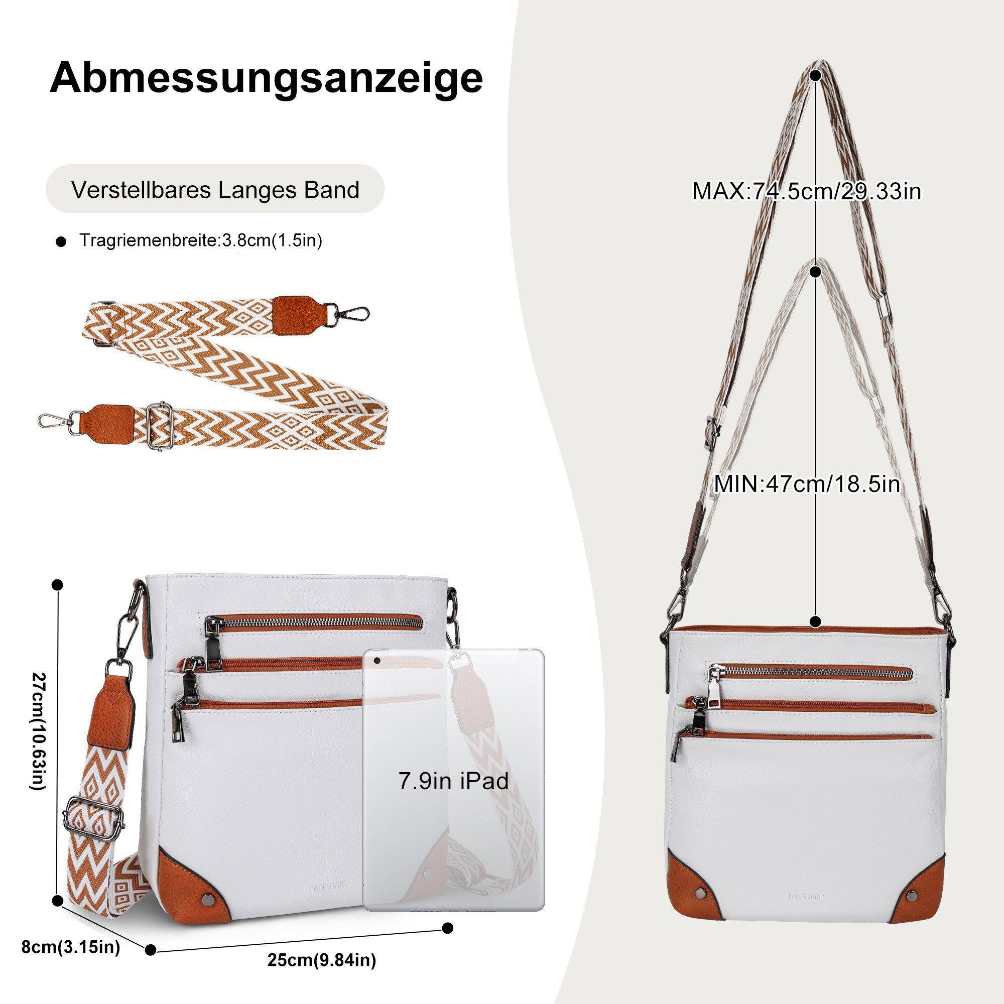 TAN.TOMI Umhängetasche Damen Mittelgroß Schultertasche Mehrere Taschen Crossbody Bag, Mit Verstellbarem Gurt für Schule Arbeit Reisen Ausflug Einkauf