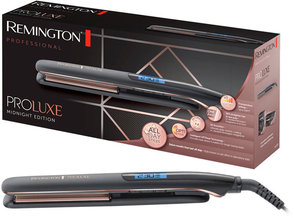 Remington Glätteisen S9100B E51 PROluxe Midnight Ultimate-Glide-Keramik-Beschichtung, OPTIheat-Technologie, LCD display, 110mm lange Keramikstylingplatten