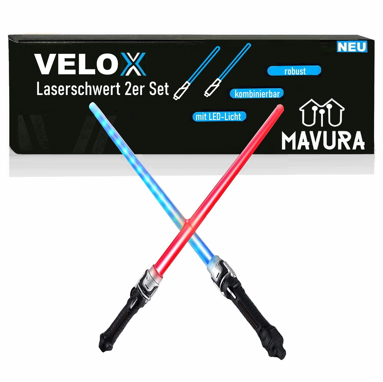 MAVURA Lichtschwert VELOX Laserschwert Set Kinder Lightsaber 2 Farben, - Erweiterbar zum Doppelschwert [2er Set]