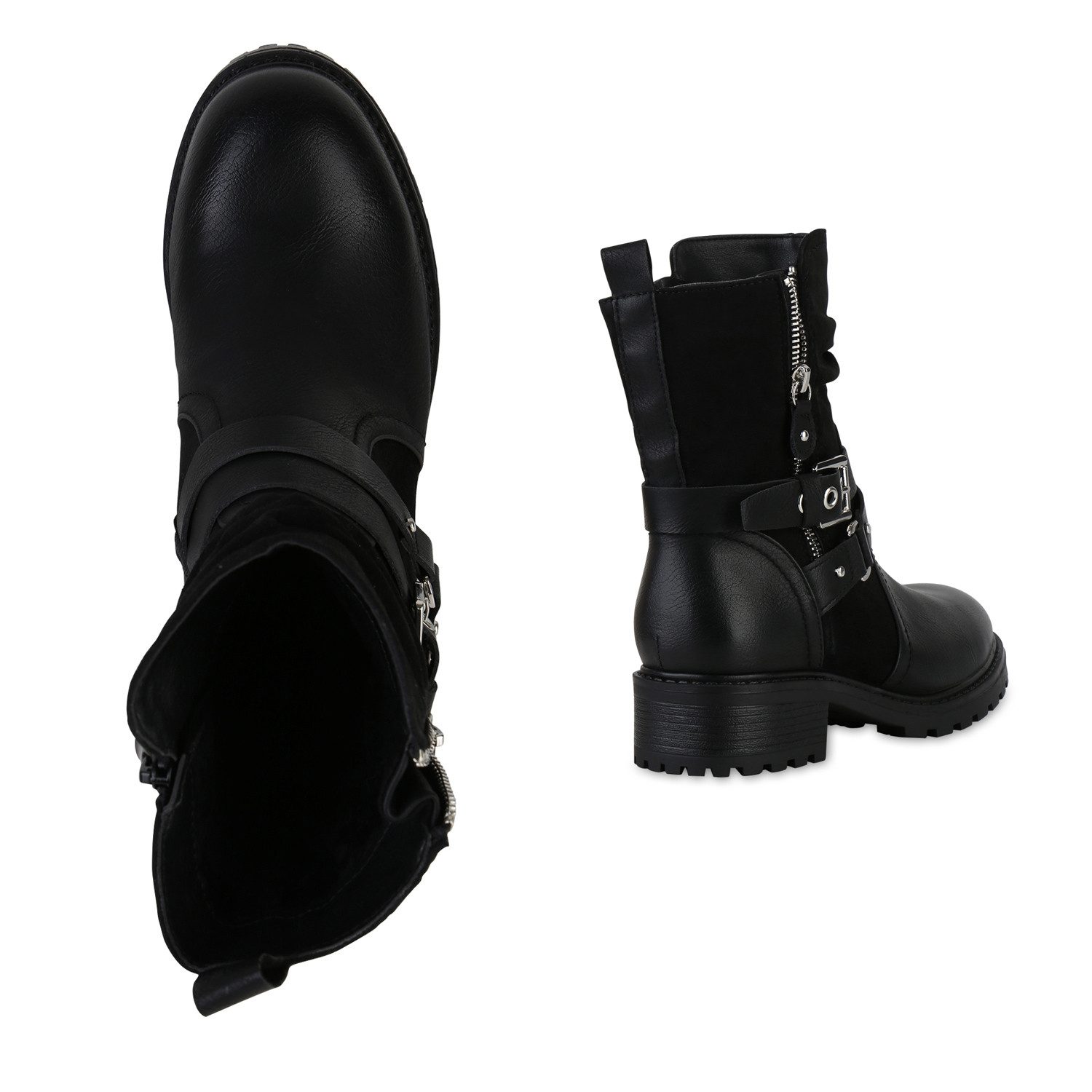 VAN HILL 841452 Bikerboots Damen Leicht Gefütterte Biker Boots Stiefeletten Schnallen