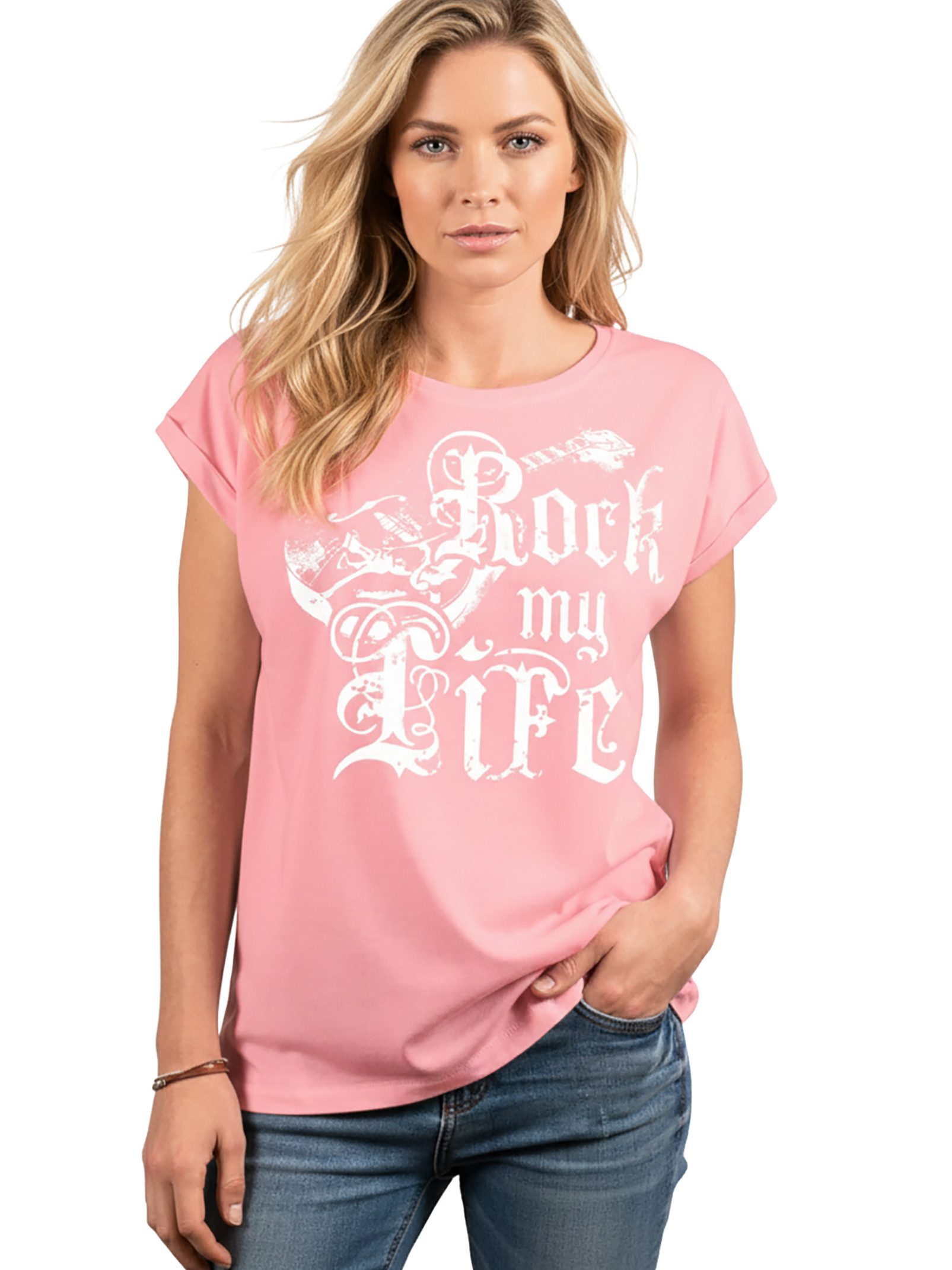 MAKAYA Print-Shirt Ausgefallene T-Shirts Damen lässige Oberteile Top Gitarrenmotiv Tunika (Rock Band Motiv, schwarz, grau, rosa, blau) große Größen