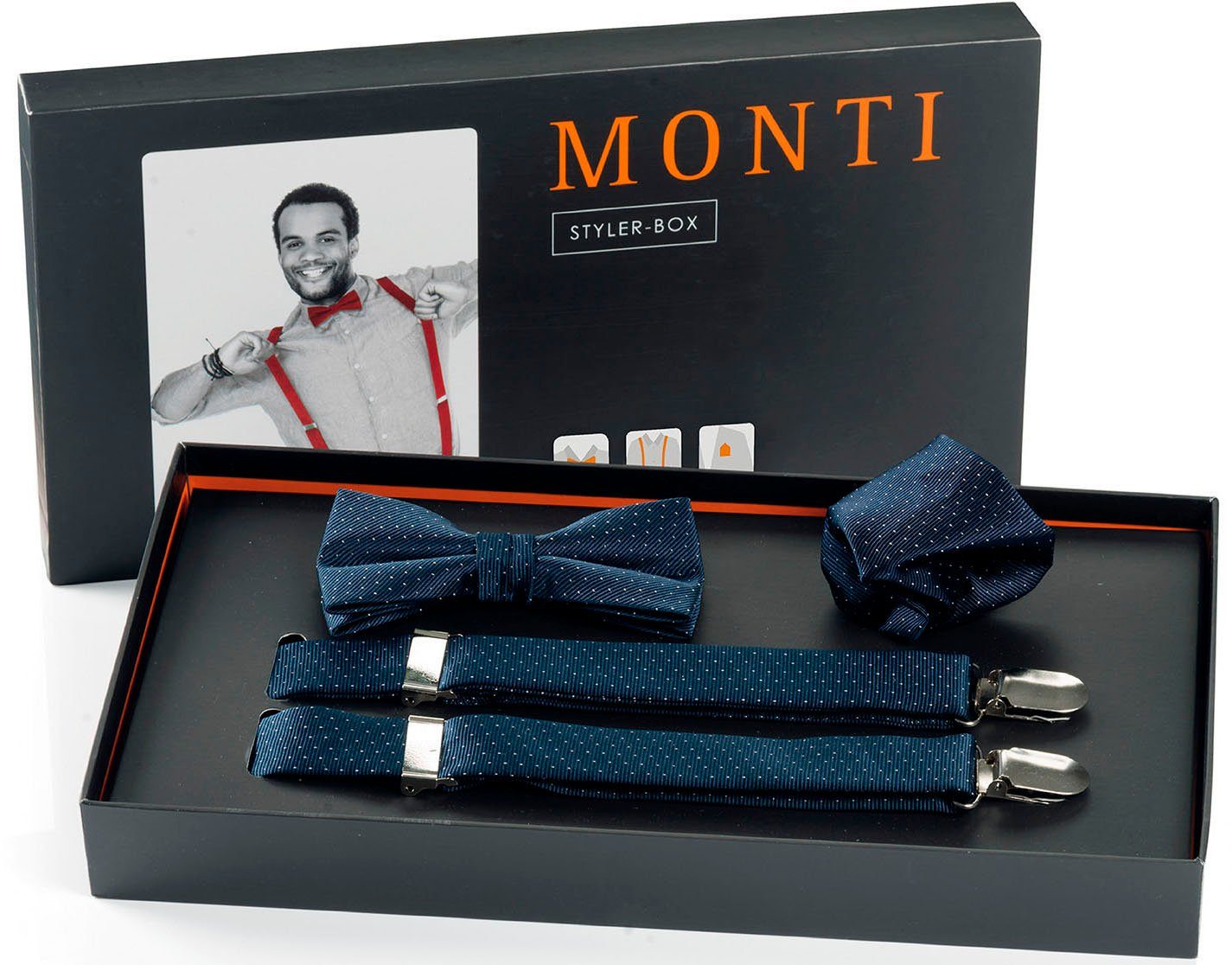 Nachbestellt MONTI Hosenträger SILVIO (Set, veredelt Tupfen-Muster navy am 3-St) Rücken, Kunstlederapplikation mit