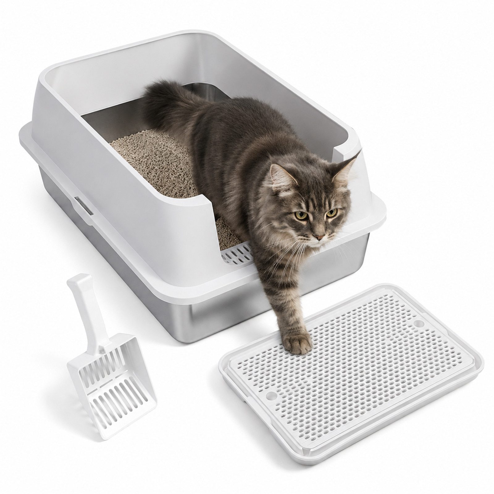 Clanmacy Katzentoilette Katzentoilette Edelstahl XXXL 71x51x30 cm, hoher Rand, Weiß von Clanmacy