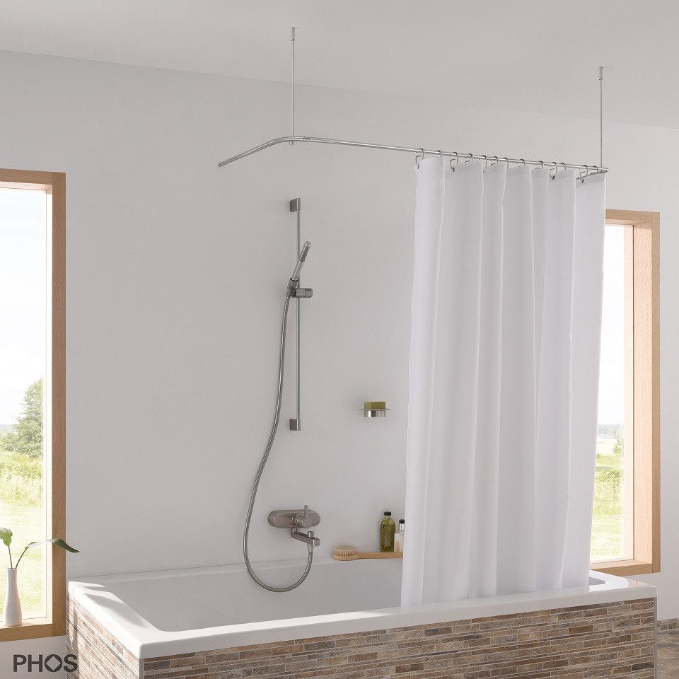 PHOS Design Duschvorhangstange für Badewannen in U-Form zur Wand-/ Deckenmontage, verschraubt, verschraubt, verklebt, - 100% Made in Germany