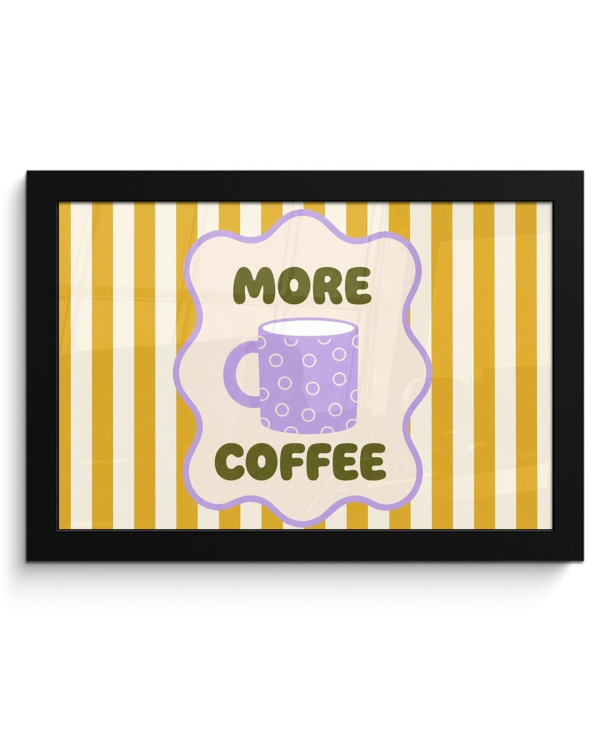 MuchoWow Poster Mehr Kaffee - Gelb - Lila - Streifen - Becher, (1 St), Wandbilder, Deko Wohnzimmer Schlafzimmer, 30x20 cm