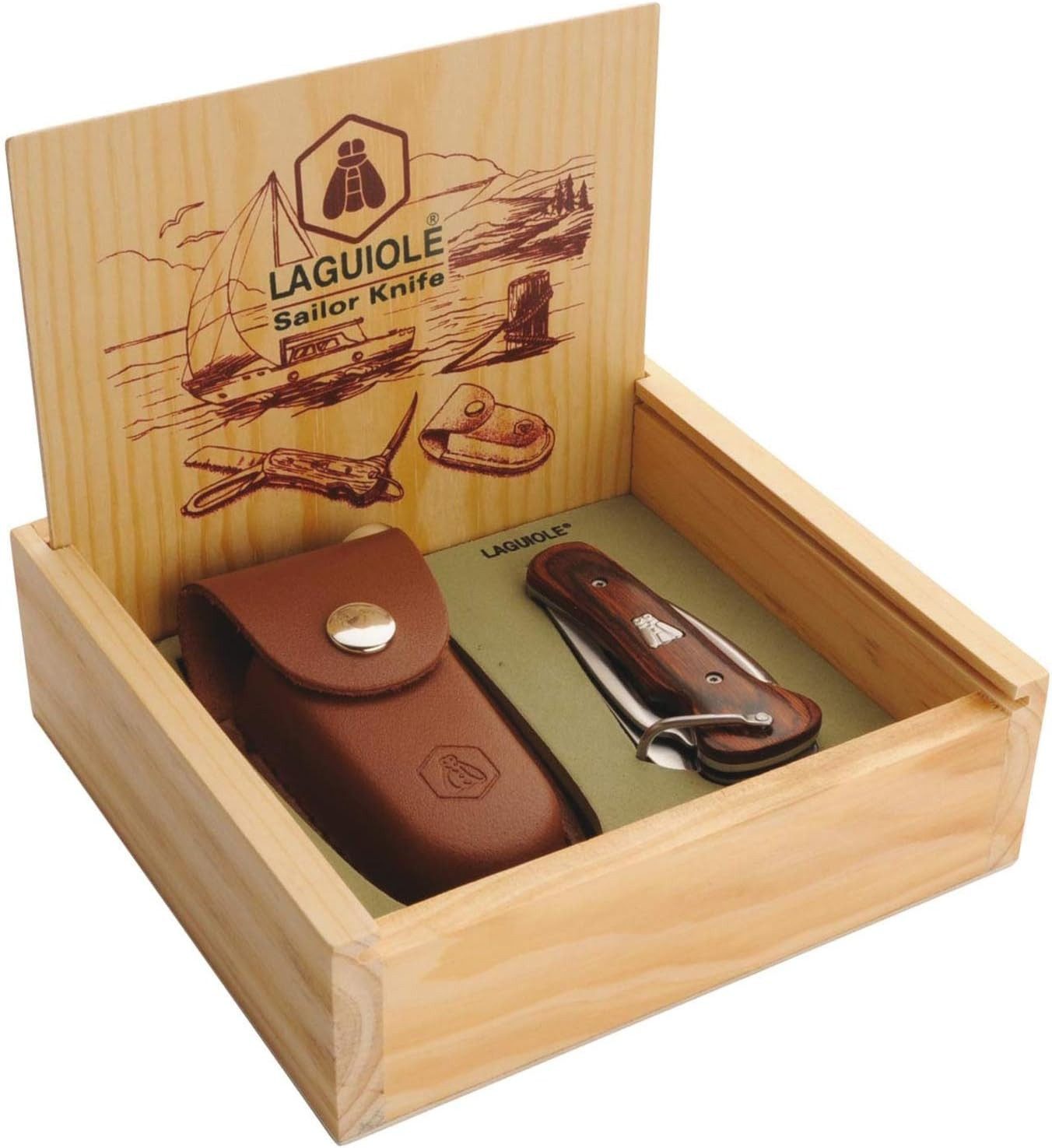 LAGUIOLE Universalmesser 1x LAGUIOLE - Faltbares Marinemesser - Edelstahl, Pakka Holz, (1 St), Multifunktionsmesser - mit Ledertasche mit Gürtelclip