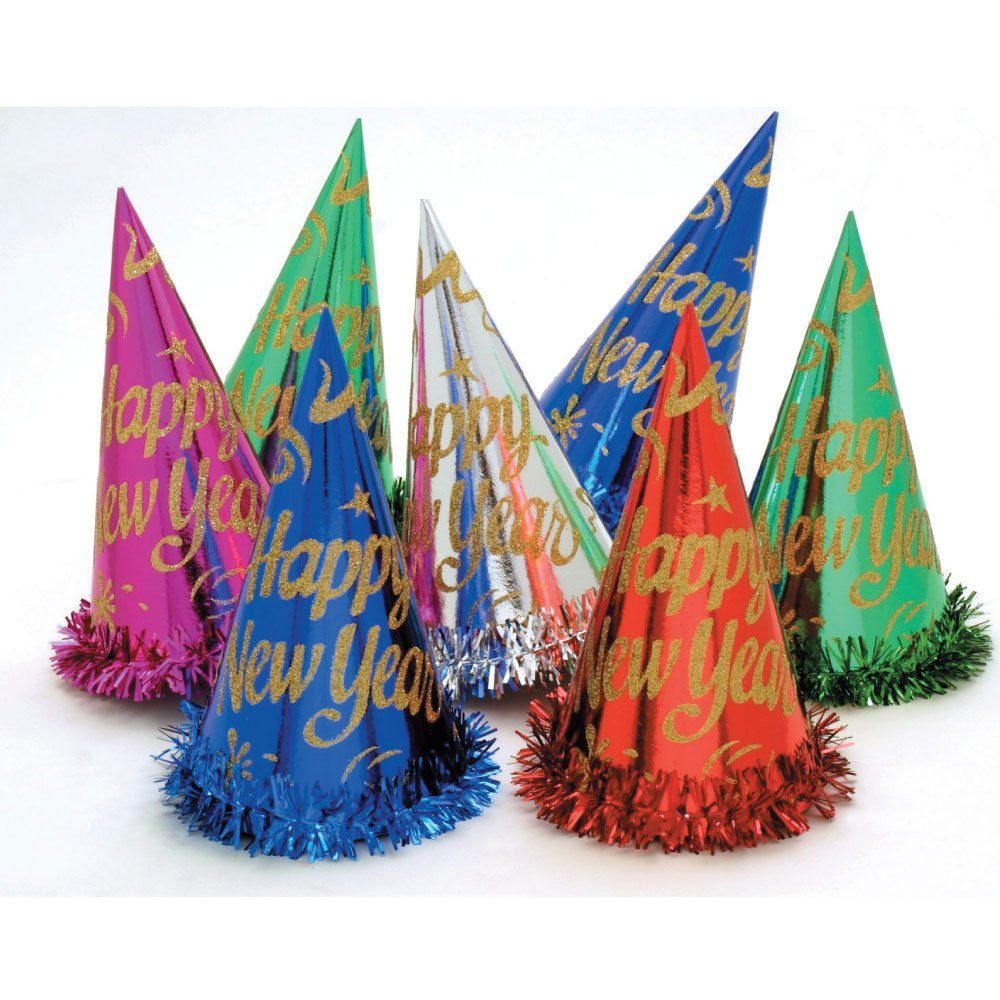 Partystrolche Papierdekoration Partyhut 6er Set Happy New Year bunt mit Fransen