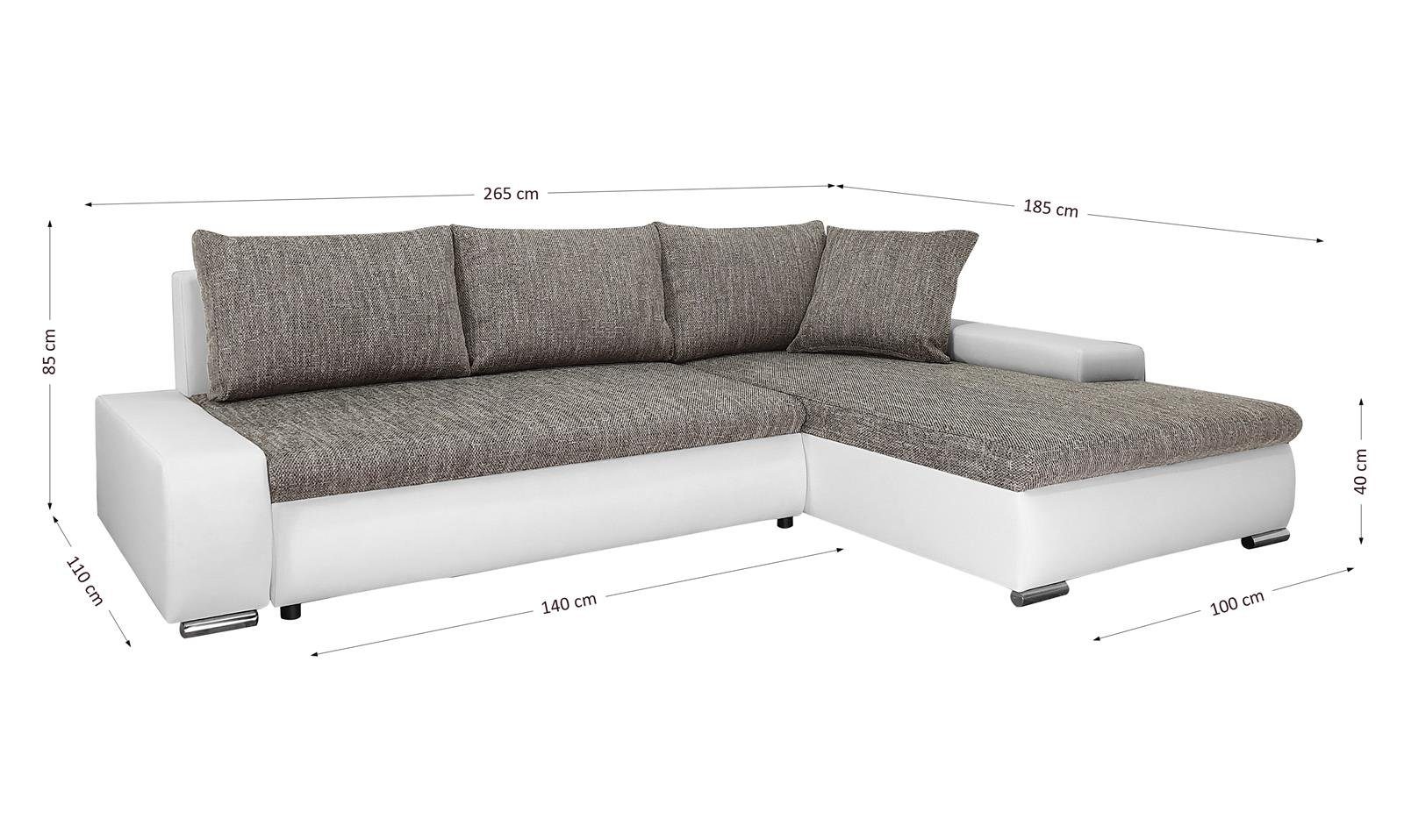 Polsterecke aus + Grau Ecke Polsterecke mit Bettkasten, 01 Relaxcouch, Kunstleder 120) weiß Wohnzimmersofa Webstoff + und Schlaffunktion Spfa madryt Beautysofa stilvoll Teo, L-Form (berlin