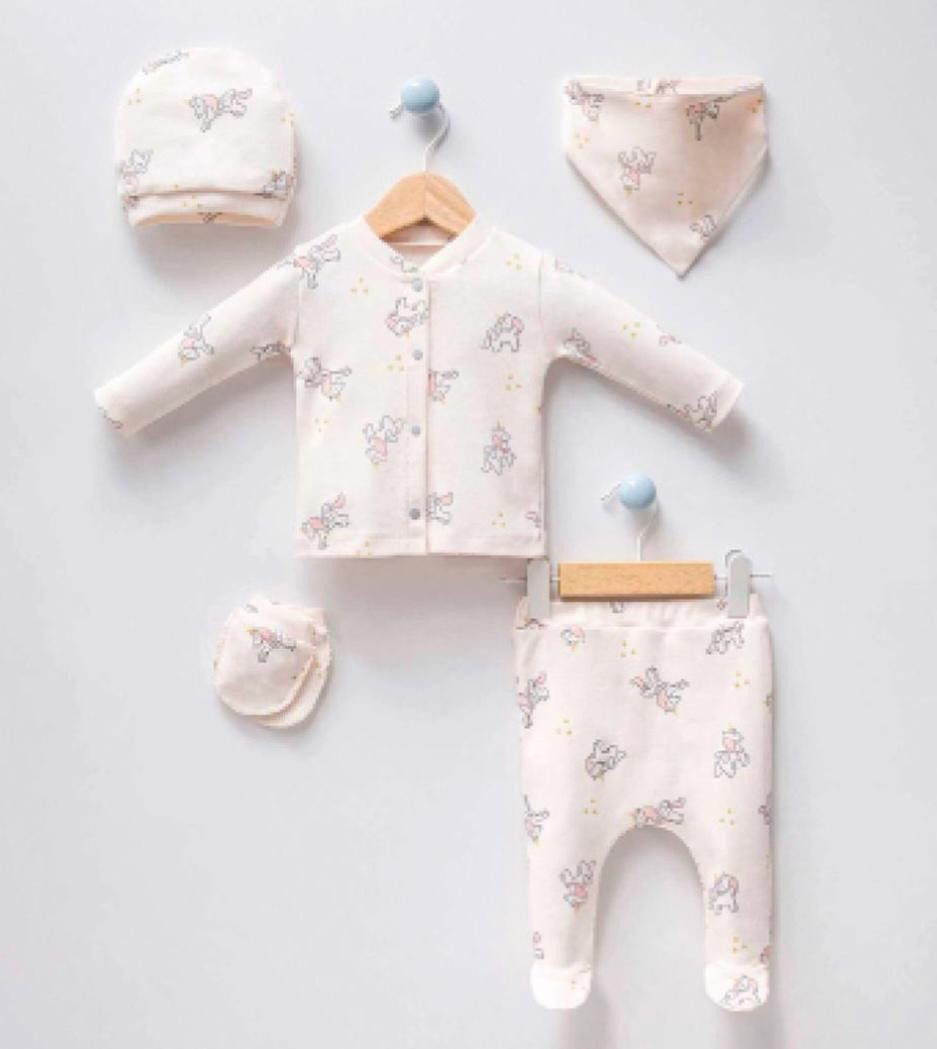 Engelbaby Erstausstattungspaket 5-teiliges Neugeborenen-Set 0-3 Monate 100% Baumwolle Einhorn-Motiv (Set Spar-Set, 5-tlg., Langarmshirt, Hose, Mütze, Lätzchen, Handschuhe) 100% Baumwolle 5-teilig komplett Outfit 0-3 Monate