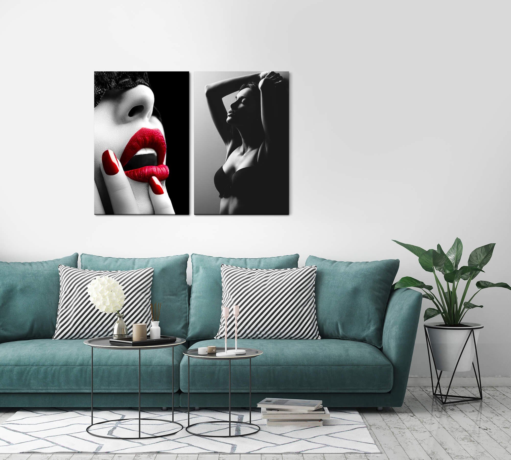 Sinus Art Leinwandbild 2 Bilder je 60x90cm Erotisch Rote Lippen Sexy Frau Verführerisch Akt