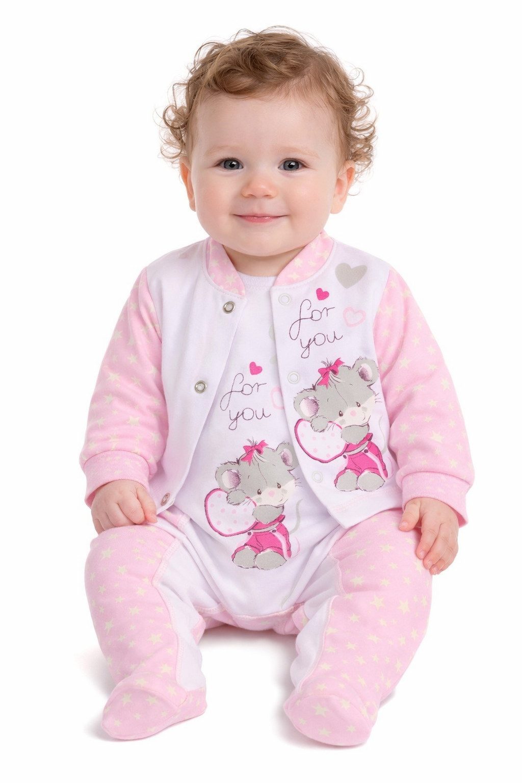 La Bortini Strampler Strampler und Hemdchen Set Anzug 2tlg in Rosa mit Mäuschen (Anzug für Mädchen, 2-teilig, Erstlingsset für Neugeborene) aus reiner Baumwolle, 44 50 56 62 68 74