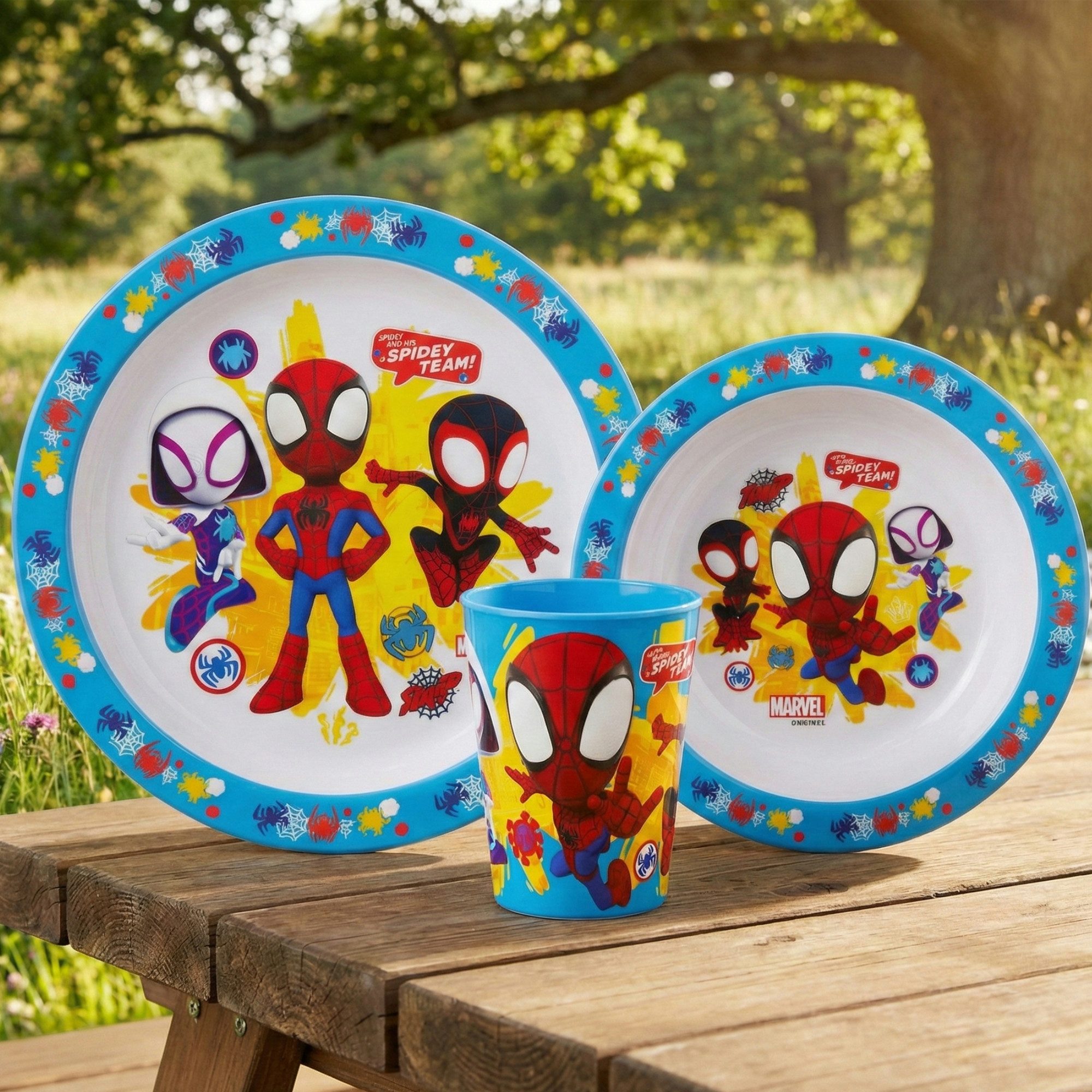 Spiderman Geschirr-Set Spidey und seine Freunde Kinder Frühstücks Set, 1 Personen, Kunststoff, Teller Schüssel Becher
