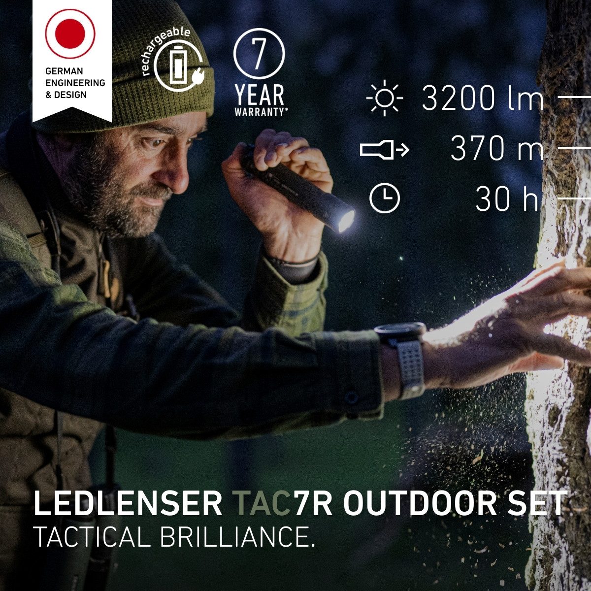 Ledlenser Taschenlampe TAC7R Outdoor Set, bis 3200 Lumen, 370m Leuchtweite, 30h Laufzeit, mit 9-tlg. Zubehör Set