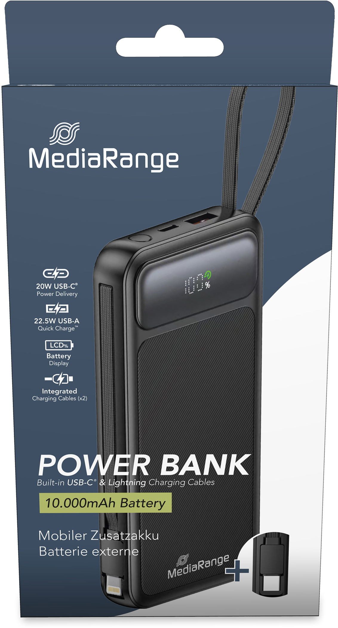 Mediarange Powerbank 10000 mAh Ladegerät USB 2x Typ C, Typ A, Lightning schwarz Powerbank
