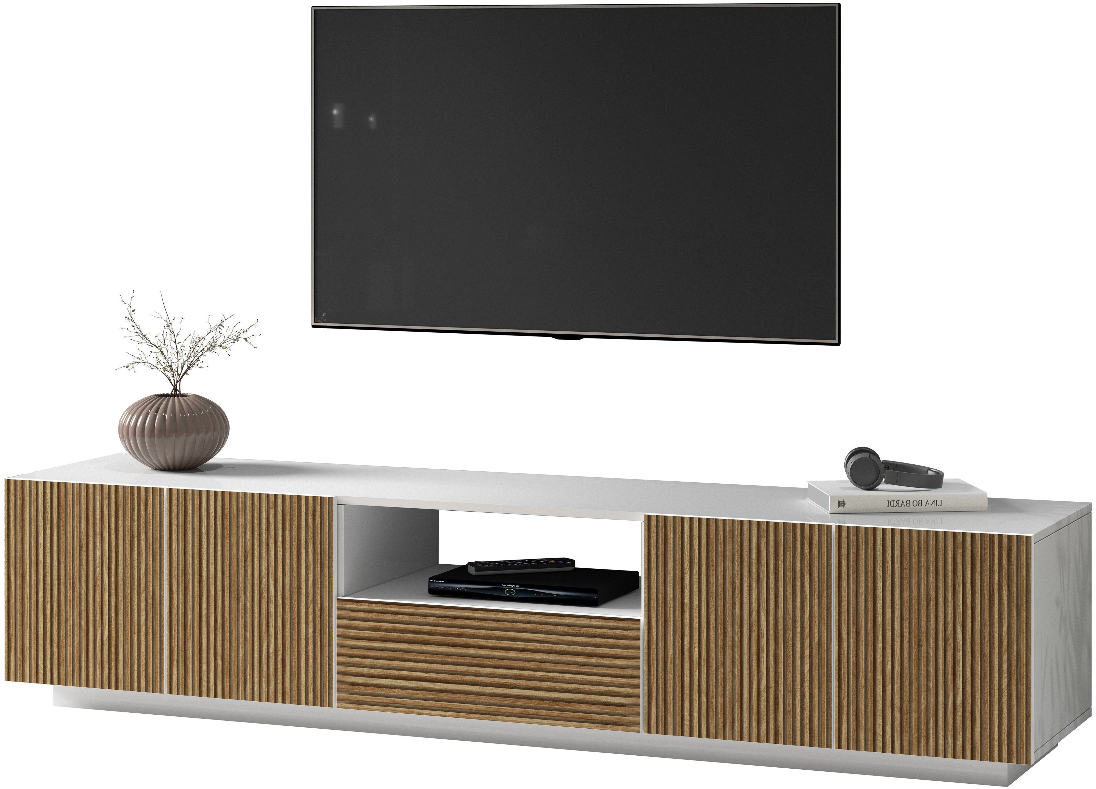 Home affaire Lowboard Vega,Lowboard,TV Board,TV Schrank,220 cm, mit 4 Türen und 1 Schublade,Fronten mit Rillen-Optik