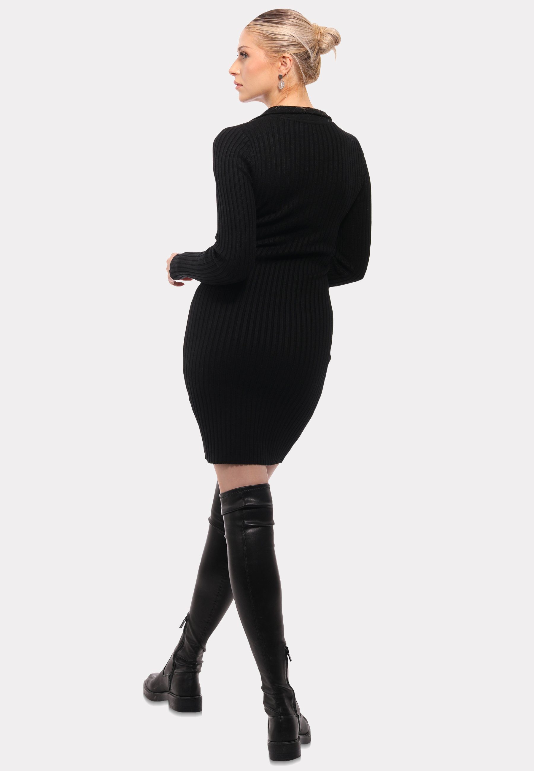 mit Style (1-tlg) schwarz Fashion Strickkleid Polokragen Elegantes Unifarbe & in Strickkleid Mini YC
