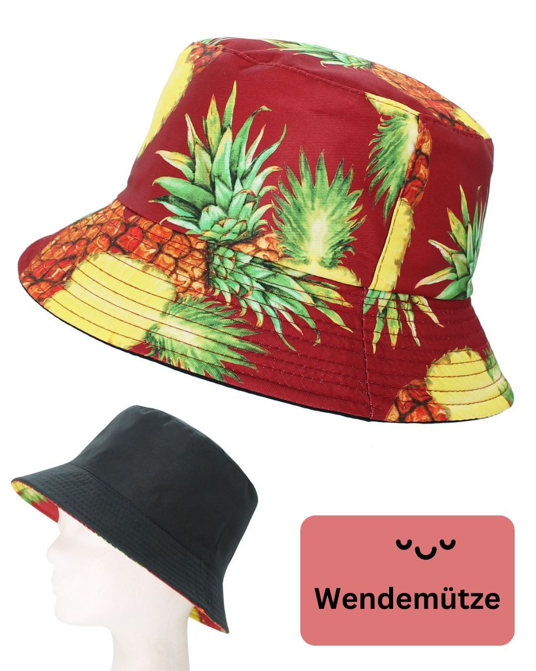 dy_mode Fischerhut Wendemütze mit Ananas-Print – 2-in-1 Bucket Hat für Damen & Herren beidseitig tragbar