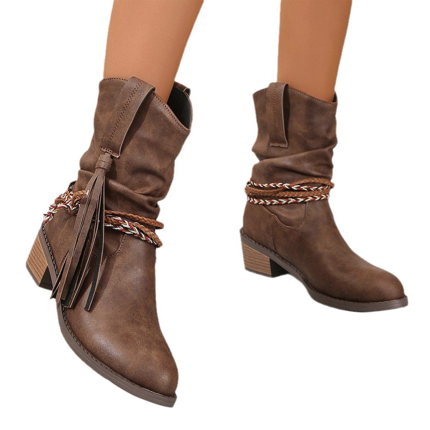 Daisred Damen Stiefeletten mit Fransen,Vintage Ankle Boots  Westernstiefelette