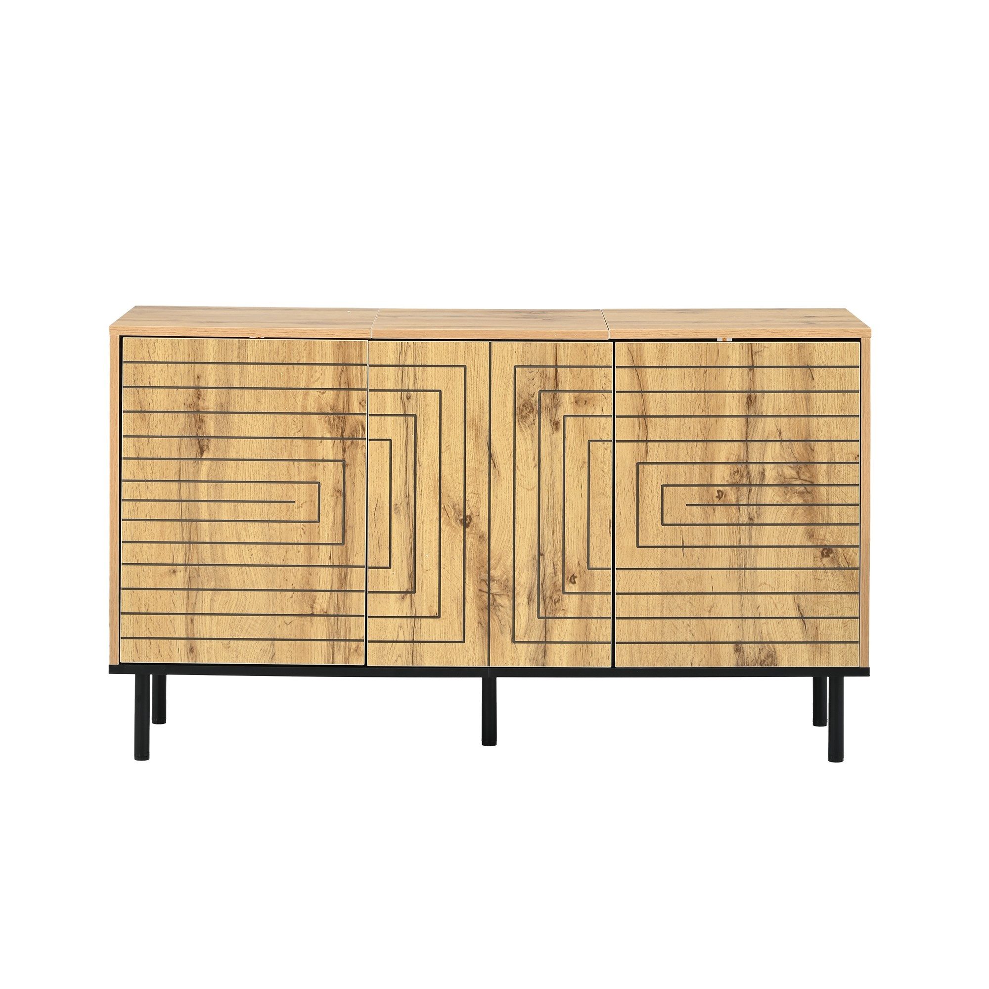 BlingBin Sideboard Kommode mit 3 Türen, Push-to-open, Wellenmuster-Front (Aufbewahrungsschrank, 1 St., 120×35×68cm), Holzoptik, für Wohnzimmer und Esszimmer, 50 kg Belastbarkeit