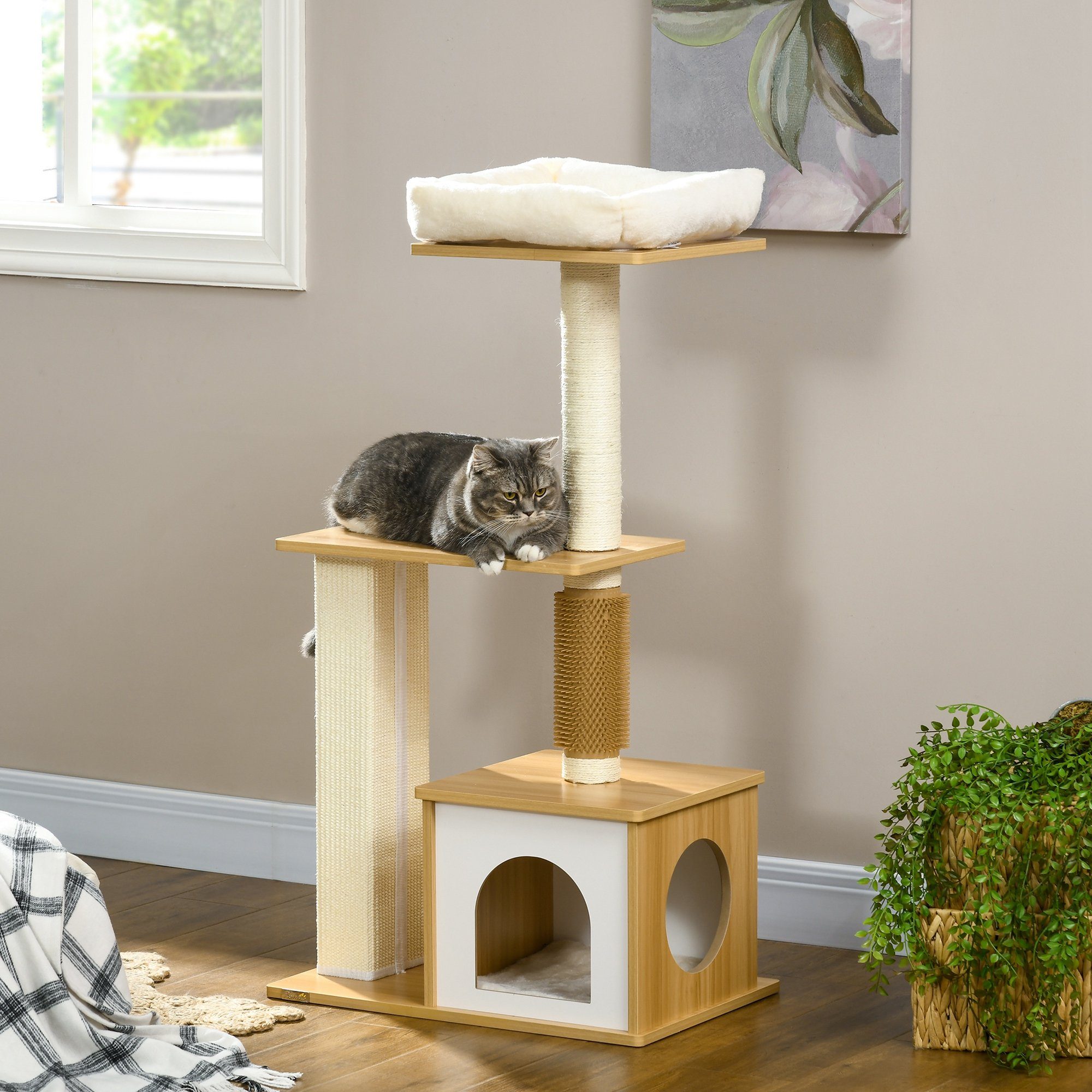 PawHut Kratzbaum 114 cm hoch, Katzenbaum, mehrstöckiger Katzenkratzbaum mit Katzenhöhle, Eiche