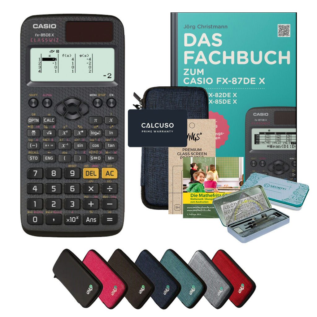 CASIO Taschenrechner fx-85DE X - Premium Set inkl. Schutztasche Blau & Fachbuch uvm.