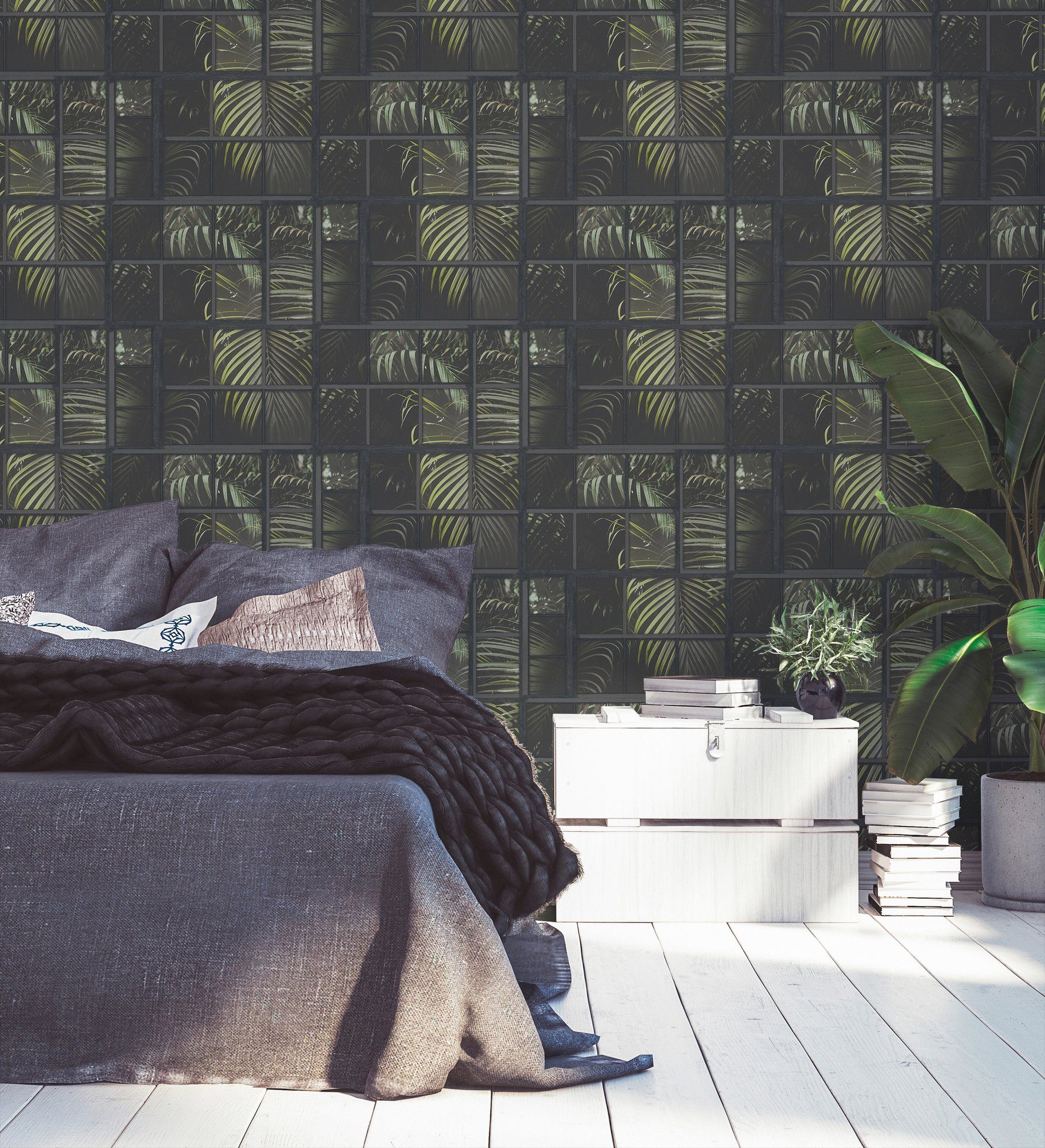 Palmen Dschungeltapete Industrial, schwarz/graugrün floral, Vliestapete botanisch, walls A.S. living Création Tapete