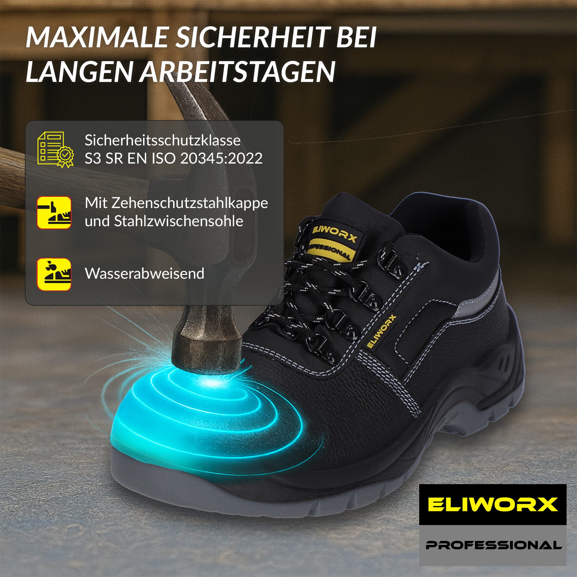 ELIWORX S3 SR Schuh mit Stahlkappe aus echtem Rindleder - Arbeitsschuhe Herren Sicherheitsschuh Atmungsaktiv, Durchtrittsichere Zwischensohle, besonders rutschhemmend