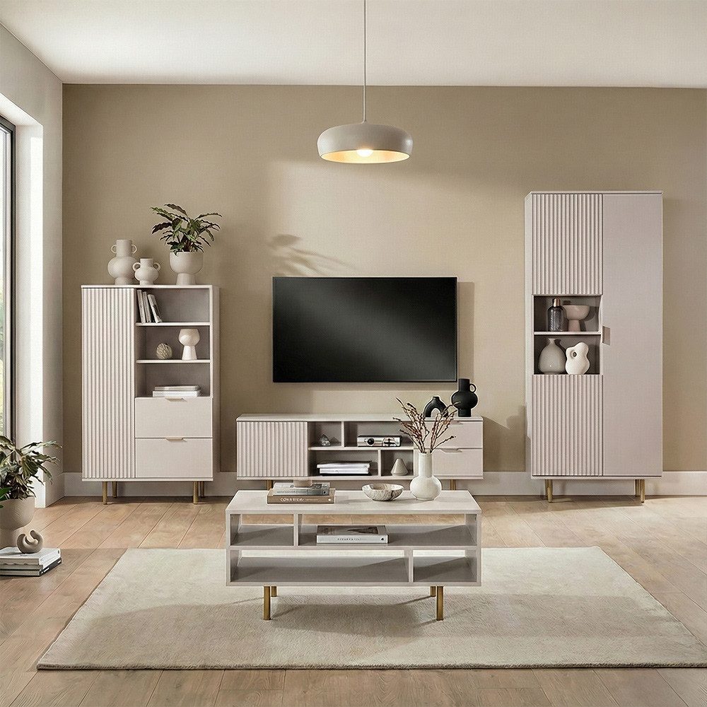 Lomadox Wohnzimmer-Set NADOR-132, (Mega-Spar-Set, 4-St., Couchtisch Highboard Lowboard Vitrine), Kaschmir mit goldfarbenen Metallgriffen und -füßen, Front Rillenoptik
