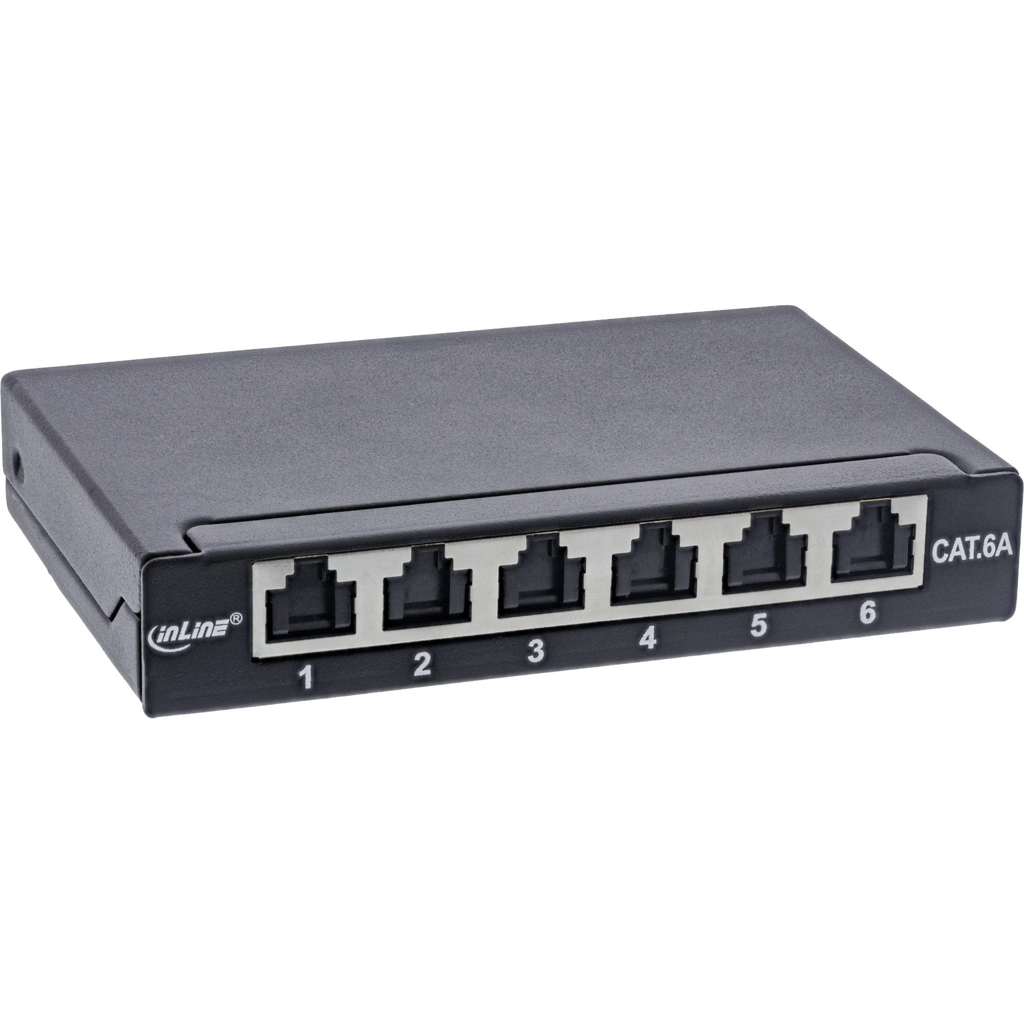 Cat.6A 0,5HE 6-fach, Tisch/Wand/Hutschiene schwarz Staubschutz Netzwerk-Patch-Panel