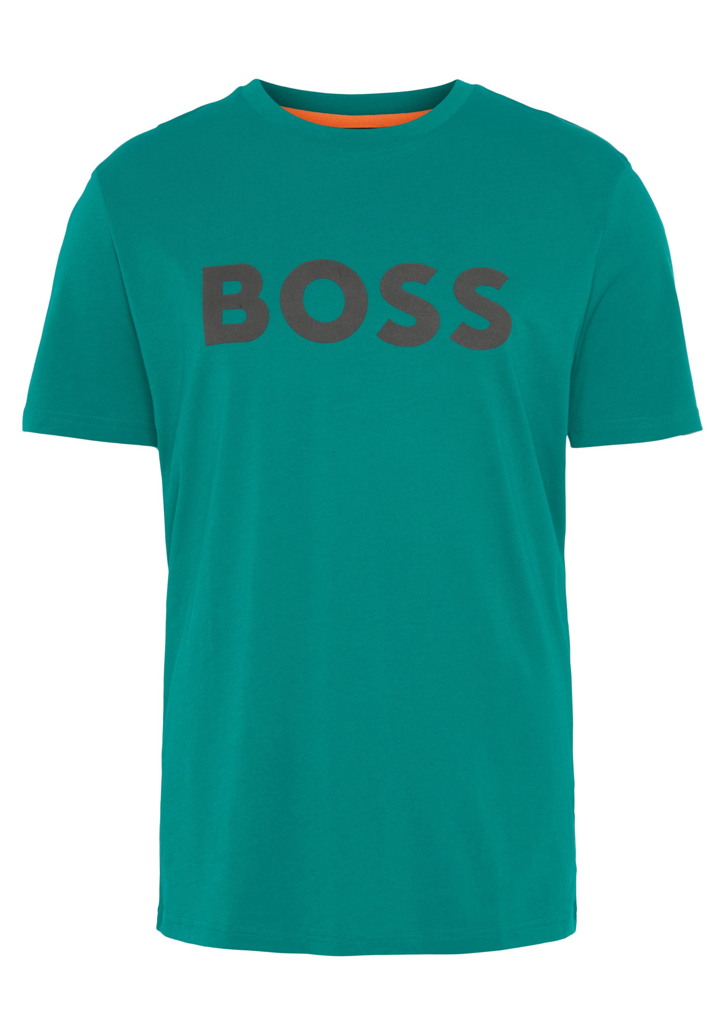 BOSS ORANGE T-Shirt Thinking 1 10246016 01 mit großem BOSS Druck auf der Brust Dark Green303