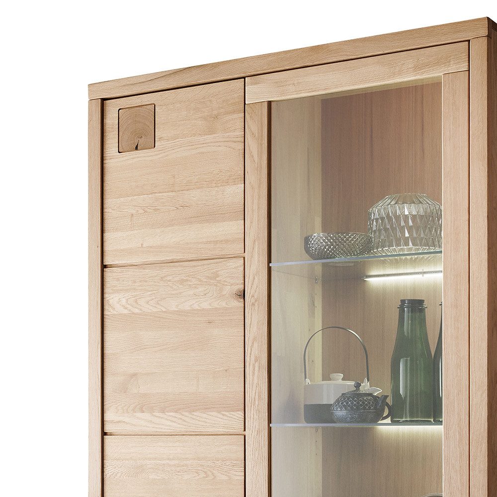 Lomadox Vitrine WINCHESTER-69 Vitrinenschrank Standvitrine 103 cm Eiche massiv geölt Hirnholz-Detail