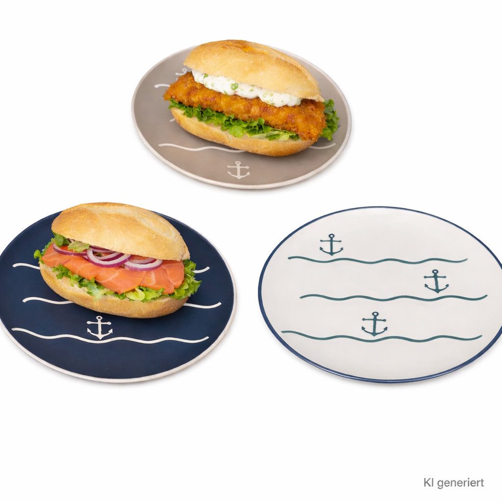 MamboCat Frühstücksteller 6er Set Dessertteller Anker Keramik weiß blau beige Kuchenteller