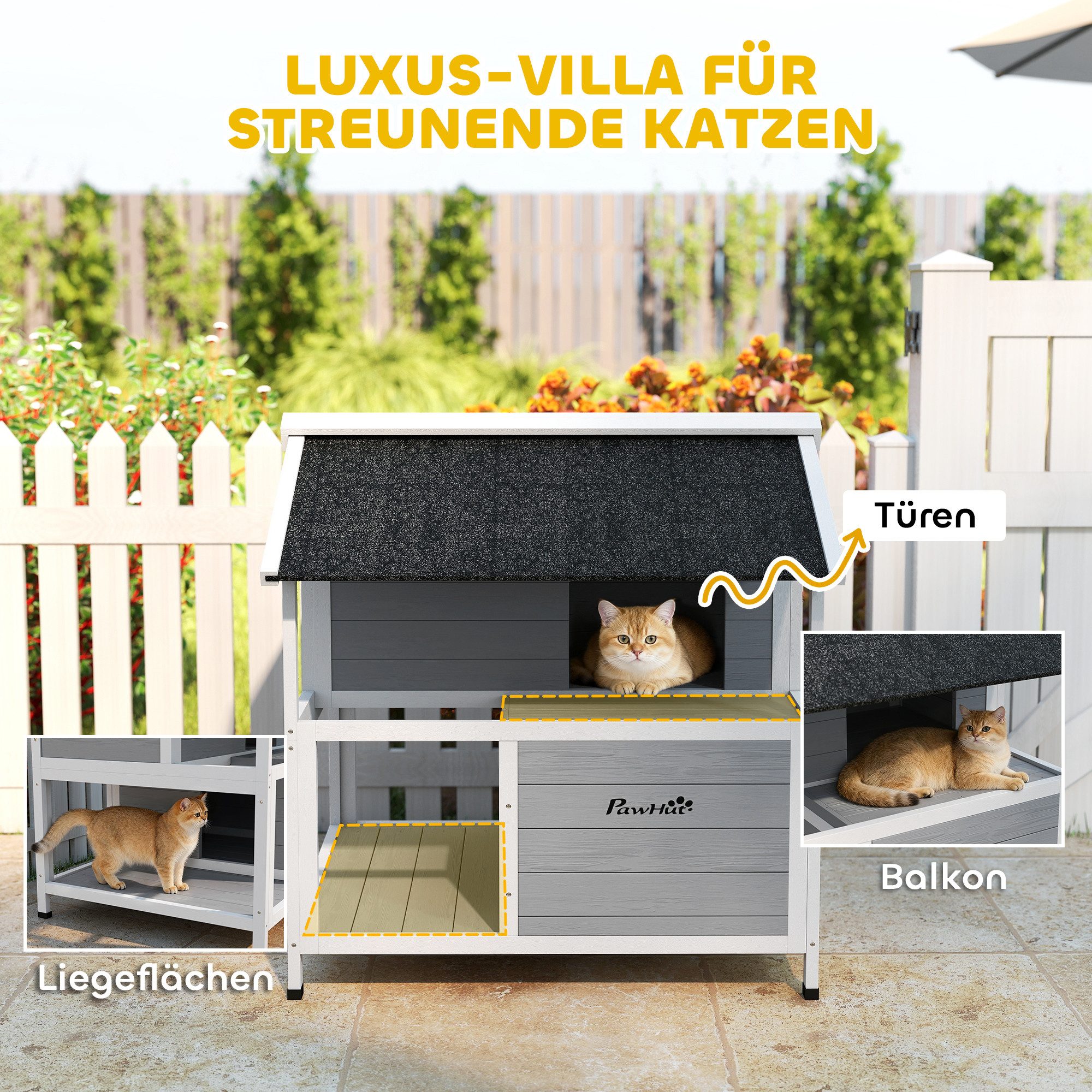 PawHut Tierhöhle Katzenhaus aus Holz, mit zu öffnendem Dach, herausnehmbarem Kissen, für Draußen, 80 x 93 x 95 cm, Grau
