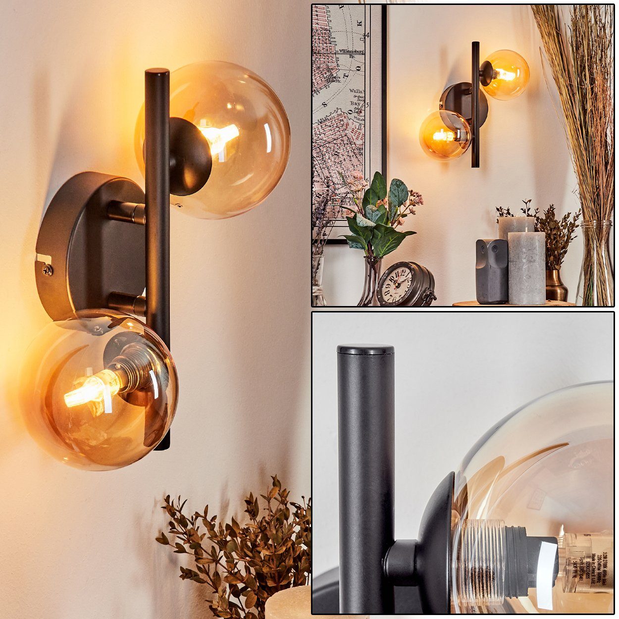 hofstein Wandleuchte Wandlampe aus Metall/Glas in Schwarz/Bernsteinfarben, günstig online kaufen