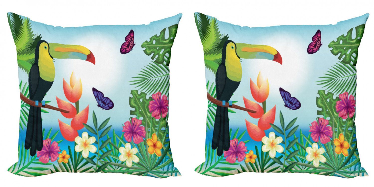 Abakuhaus Digitaldruck, Doppelseitiger Modern (2 Accent Kissenbezüge Stück), Paradies-Blumen-Blüten Papagei