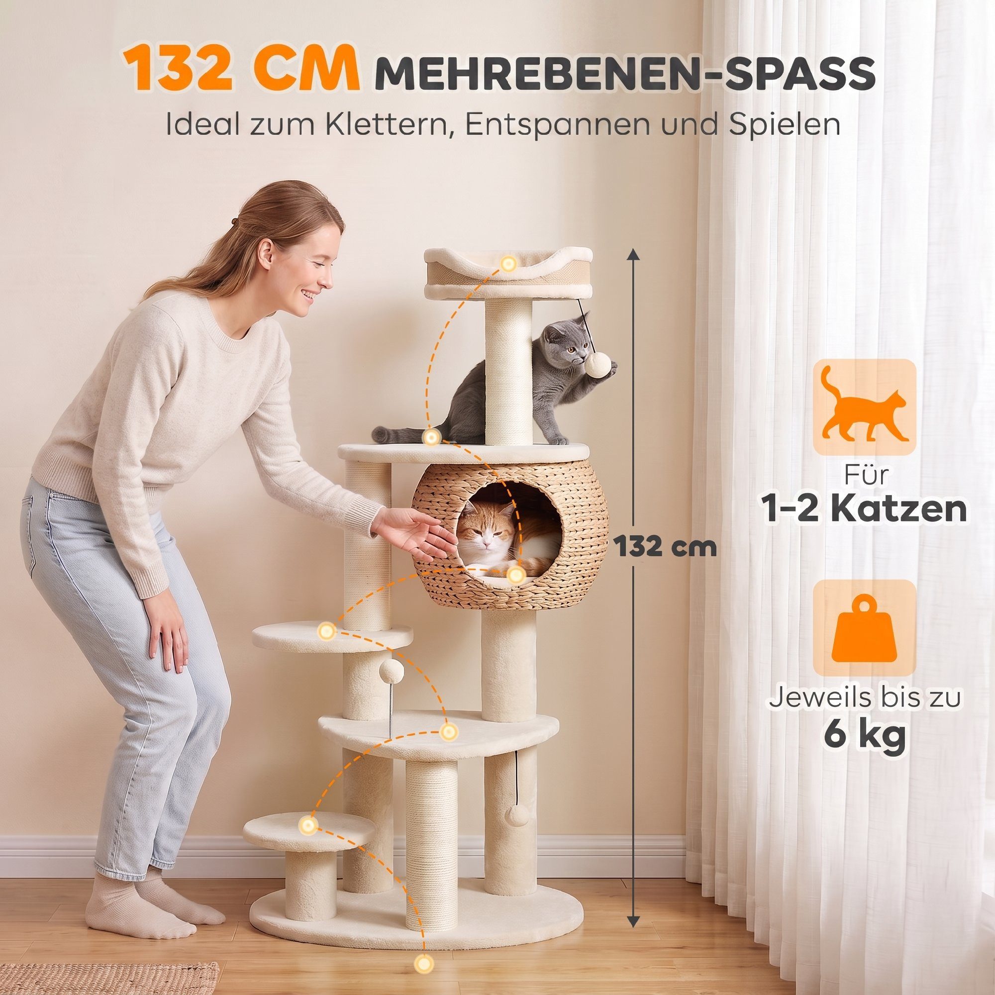 PawHut Kratzbaum Katzenbaum 132 cm hoch mit 3 Spielbällen und Kippschutz Beige, 4 Ebenen, Höhle, 3 Sisalstämme – Bild 4 von 5