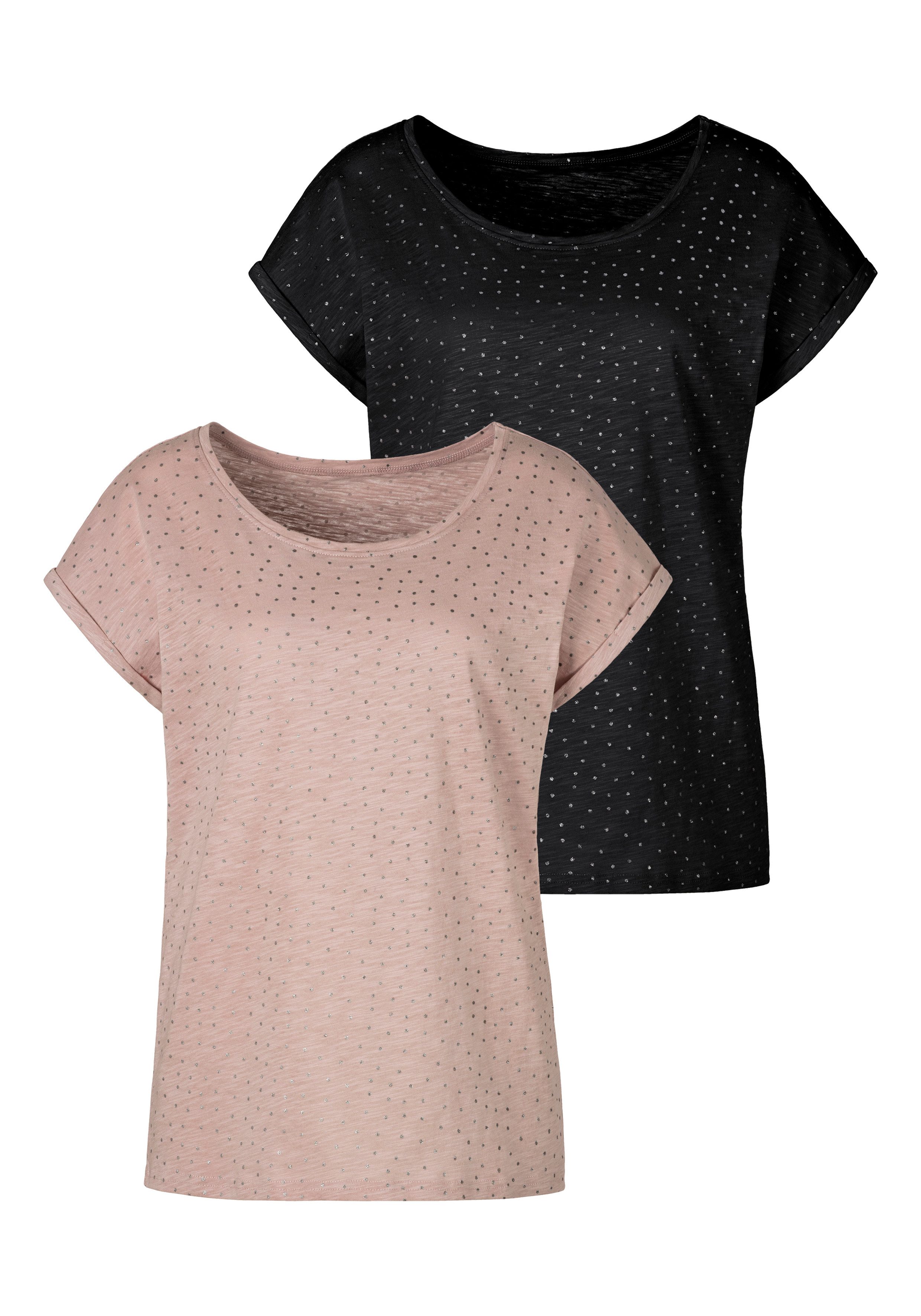 Vivance Kurzarmshirt mit silbrigen Glitzerpünktchen (2er-Pack) aus luftiger Baumwoll-Qualität