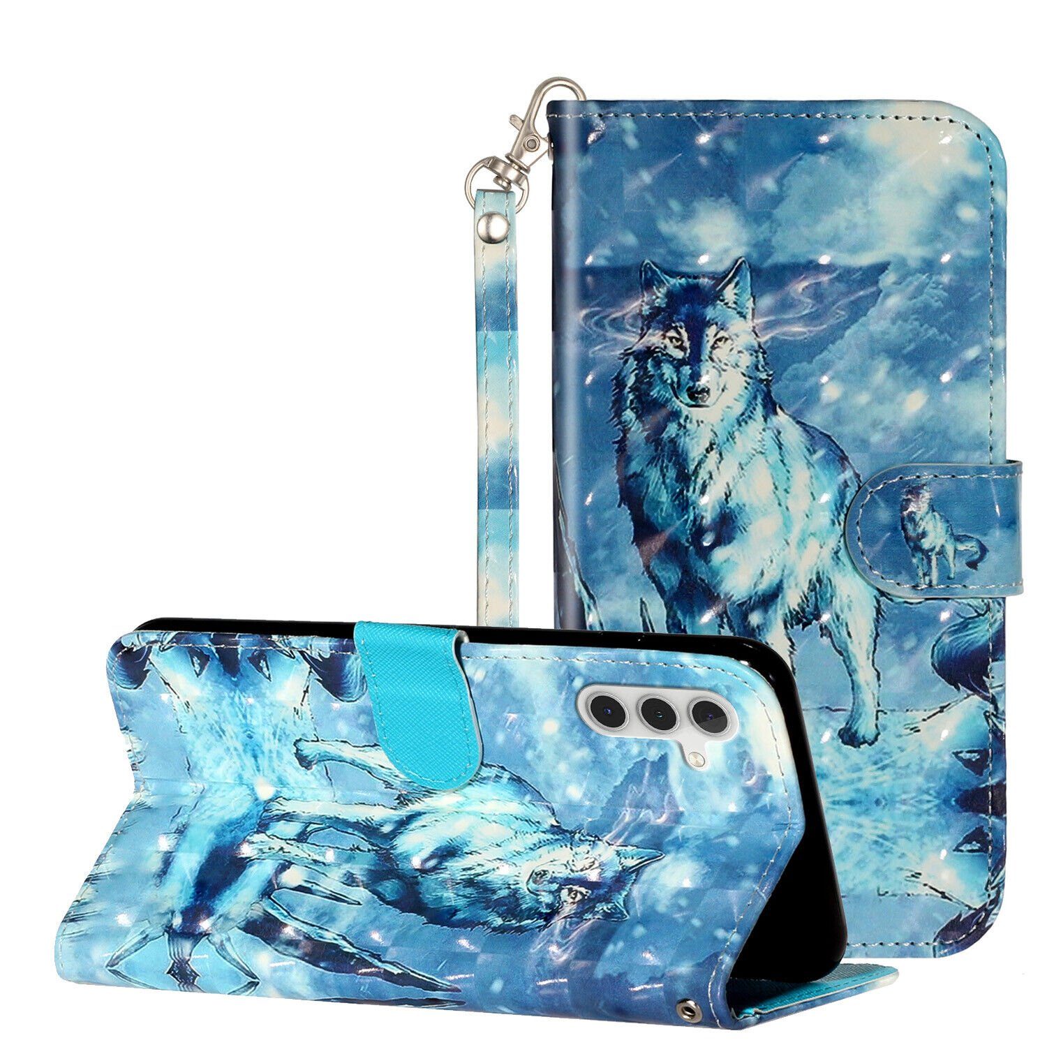 CLM-Tech Handytasche für Samsung Galaxy A15 5G Hülle Tasche aus Kunstleder Klapphülle (Wolf Schneeberg blau, Handyhülle Wallet Flip Case Cover Etui), Schutzhülle mit Standfunktion, Kartenfächer, und Magnetverschluss