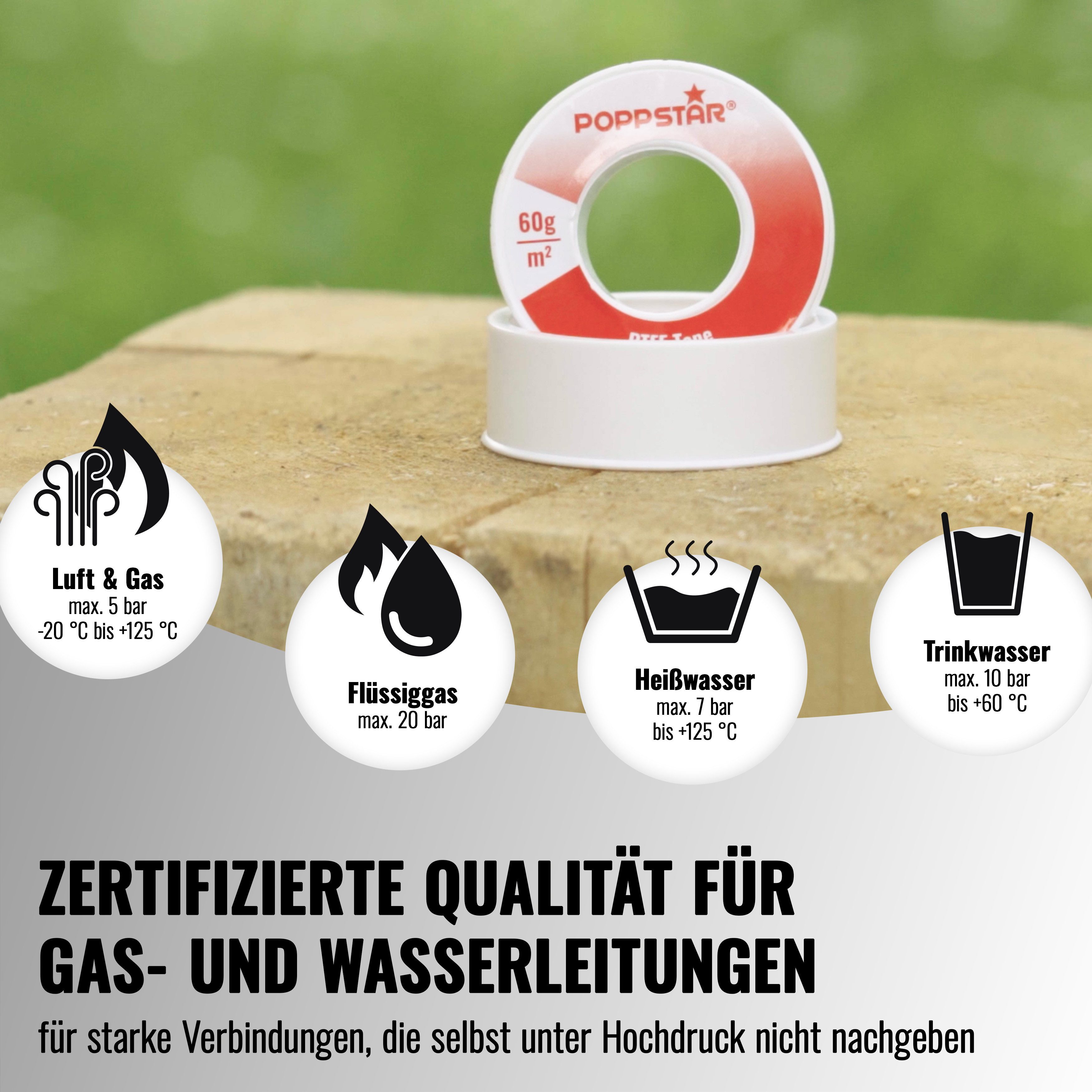 Poppstar Gewindedichtband PTFE 60g/m² FRp für Feingewinde, (1-St), Teflon-Dichtband für Gas & Wasser-Abdichtung 12m x 12mm x 0,1mm