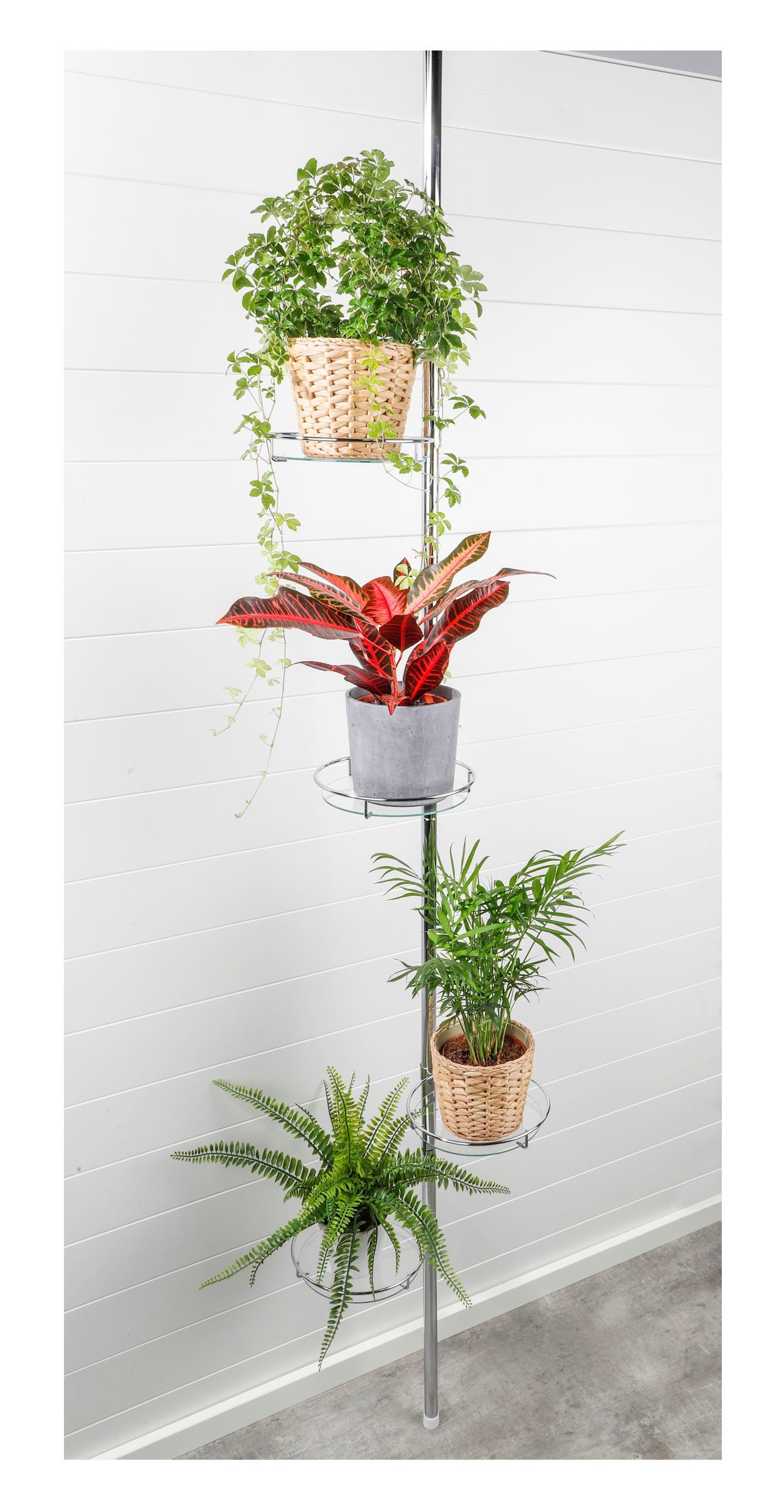 Spetebo Blumenständer Metall Teleskop Blumenregal silber - 4 Ablagen (Stück, 1 St., Teleskopregal für Blumen), ausziehbares Pflanzenregal mit Glas Böden