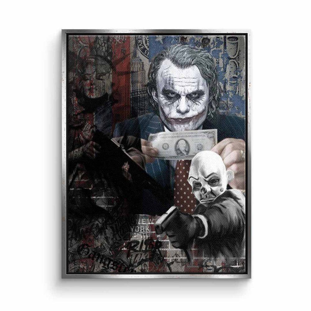 DOTCOMCANVAS® Leinwandbild, Motiv Rahmen Geld Leinwandbild Rahmen Money Pop Art Serious premium Joker schwarzer mit