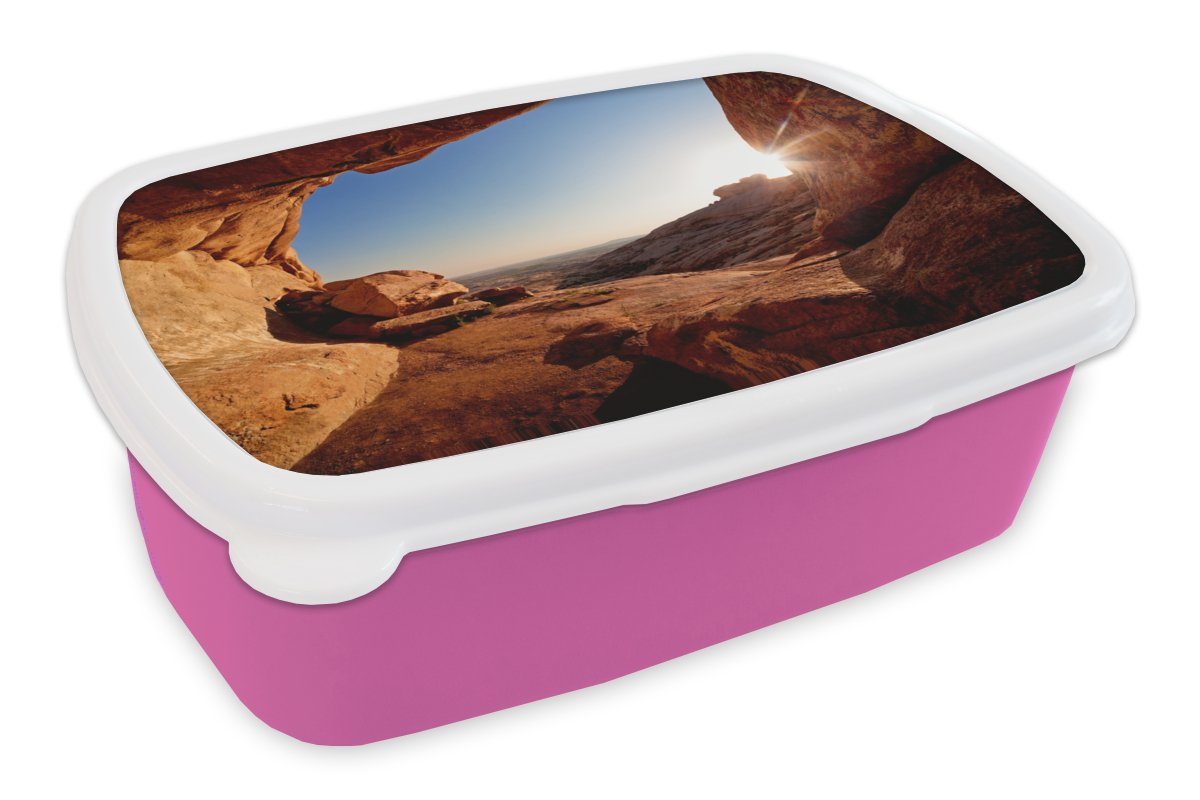 MuchoWow Lunchbox Höhle - Wüste - Sonne - Landschaft, Kunststoff, (2-tlg), Brotbox für Erwachsene, Brotdose Kinder, Snackbox, Mädchen, Kunststoff rosa