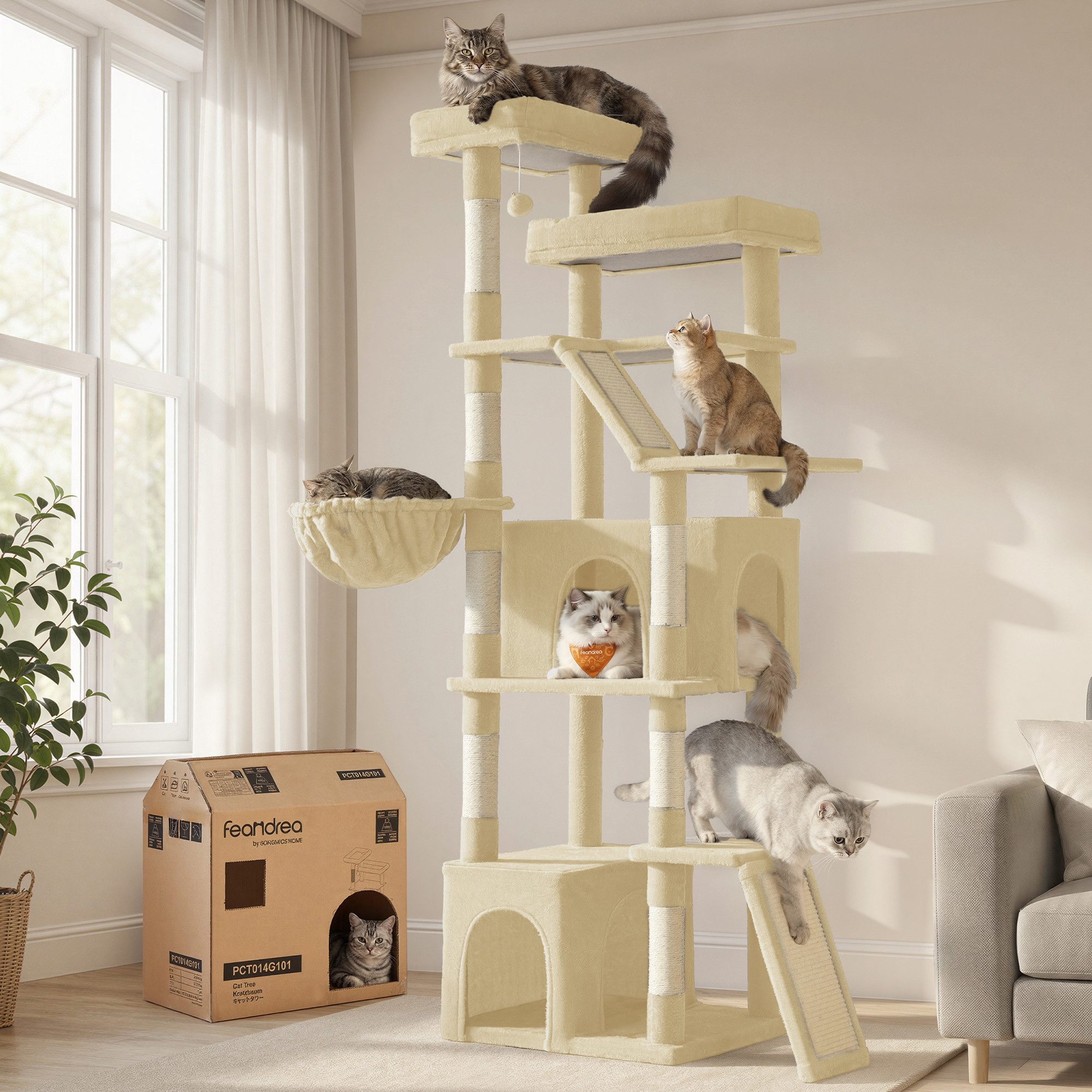 FEANDREA Kratzbaum Großer Katzenbaum mit Sisalstämmen, Mehrstöckiger Kletterbaum, mit Kratzbrett und Sisalstämmen für Große Katzen 55 x 45 x 185 cm